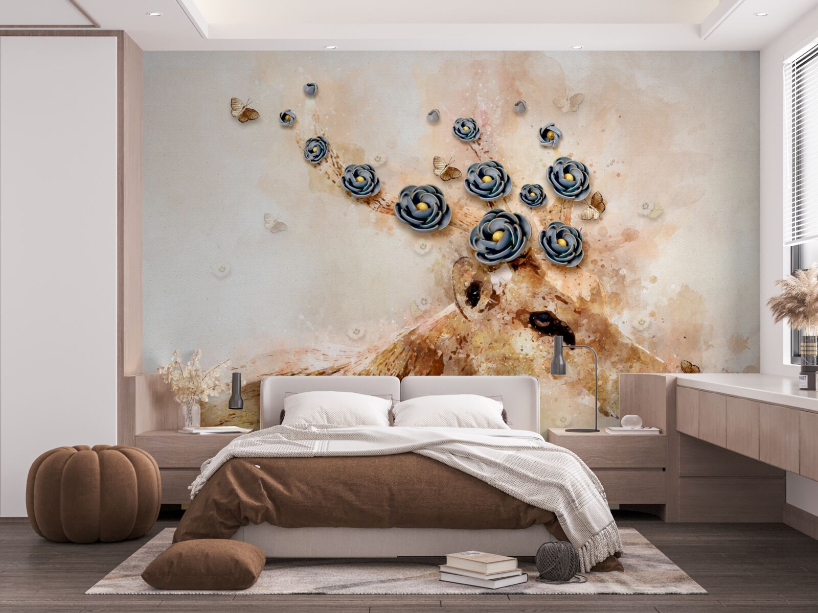 Fotobehang elena is omringd door bloemen op een roze achtergrond