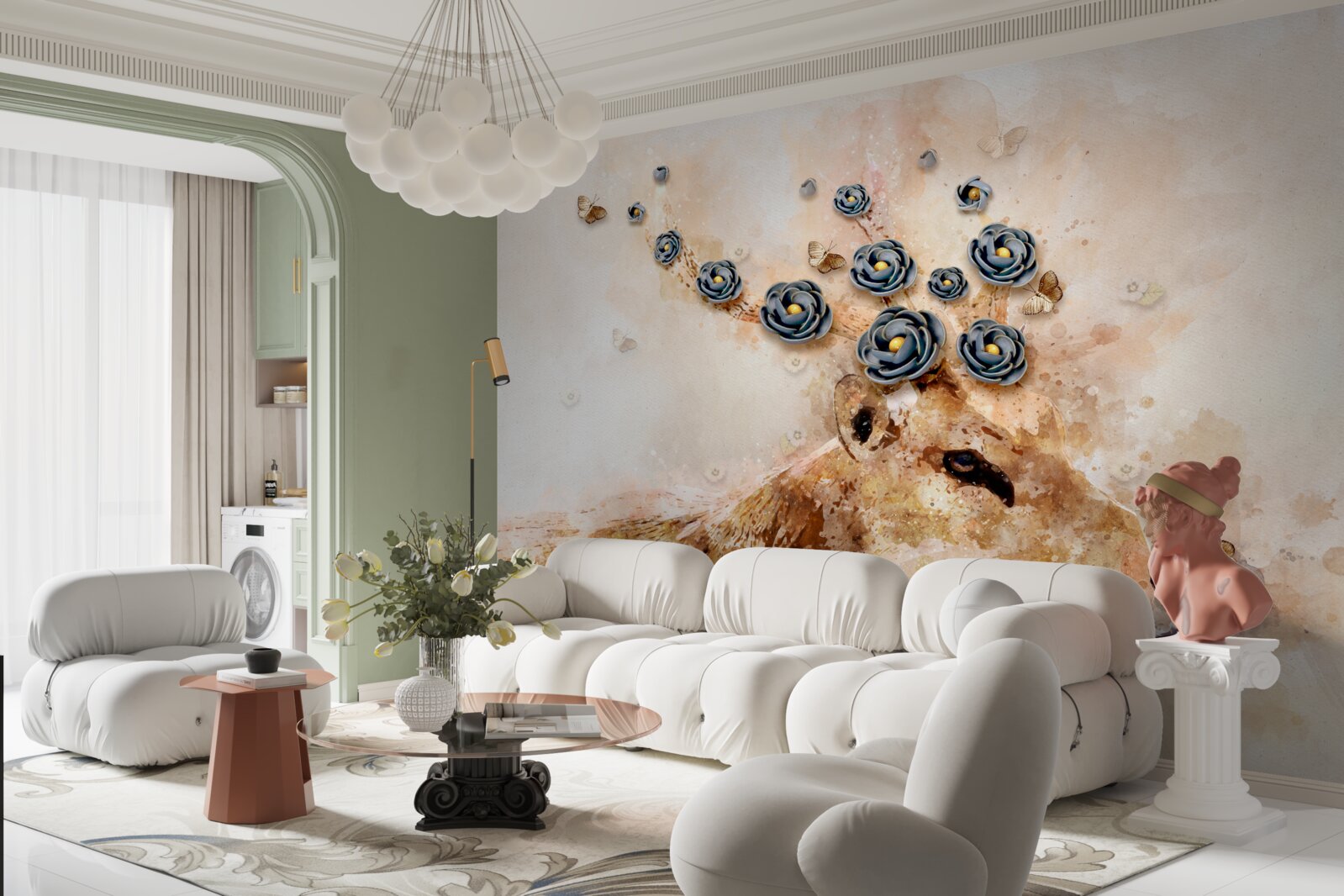 Fotobehang elena is omringd door bloemen op een roze achtergrond