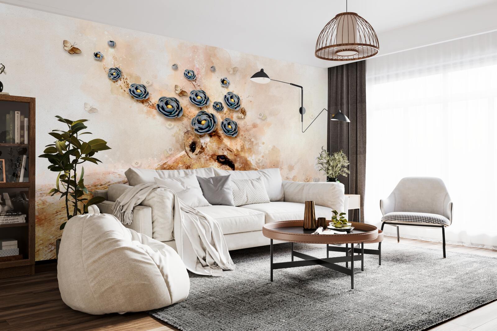 Fotobehang elena is omringd door bloemen op een roze achtergrond