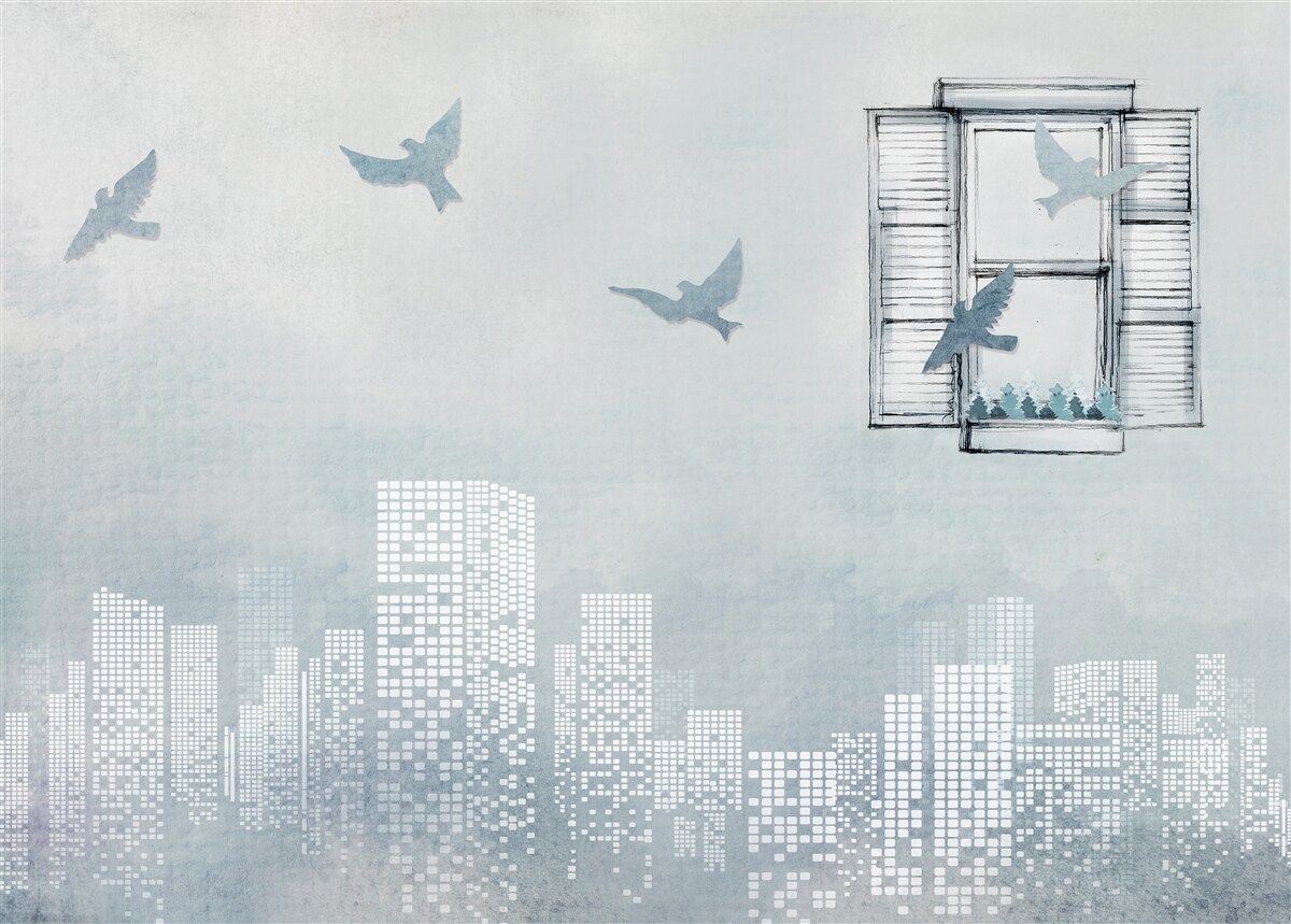 Fotobehang vogels die over een grote stad vliegen