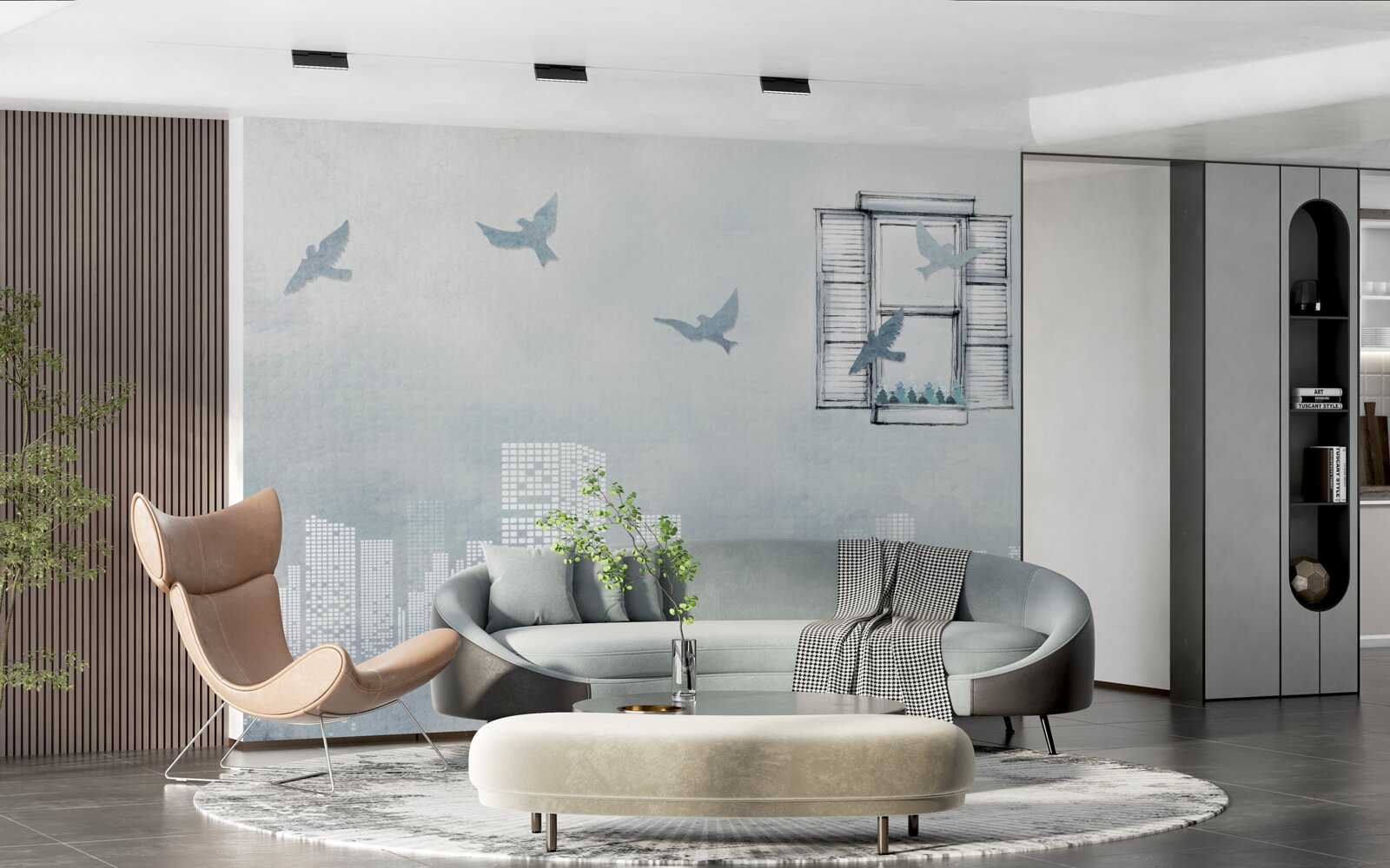 Fotobehang vogels die over een grote stad vliegen