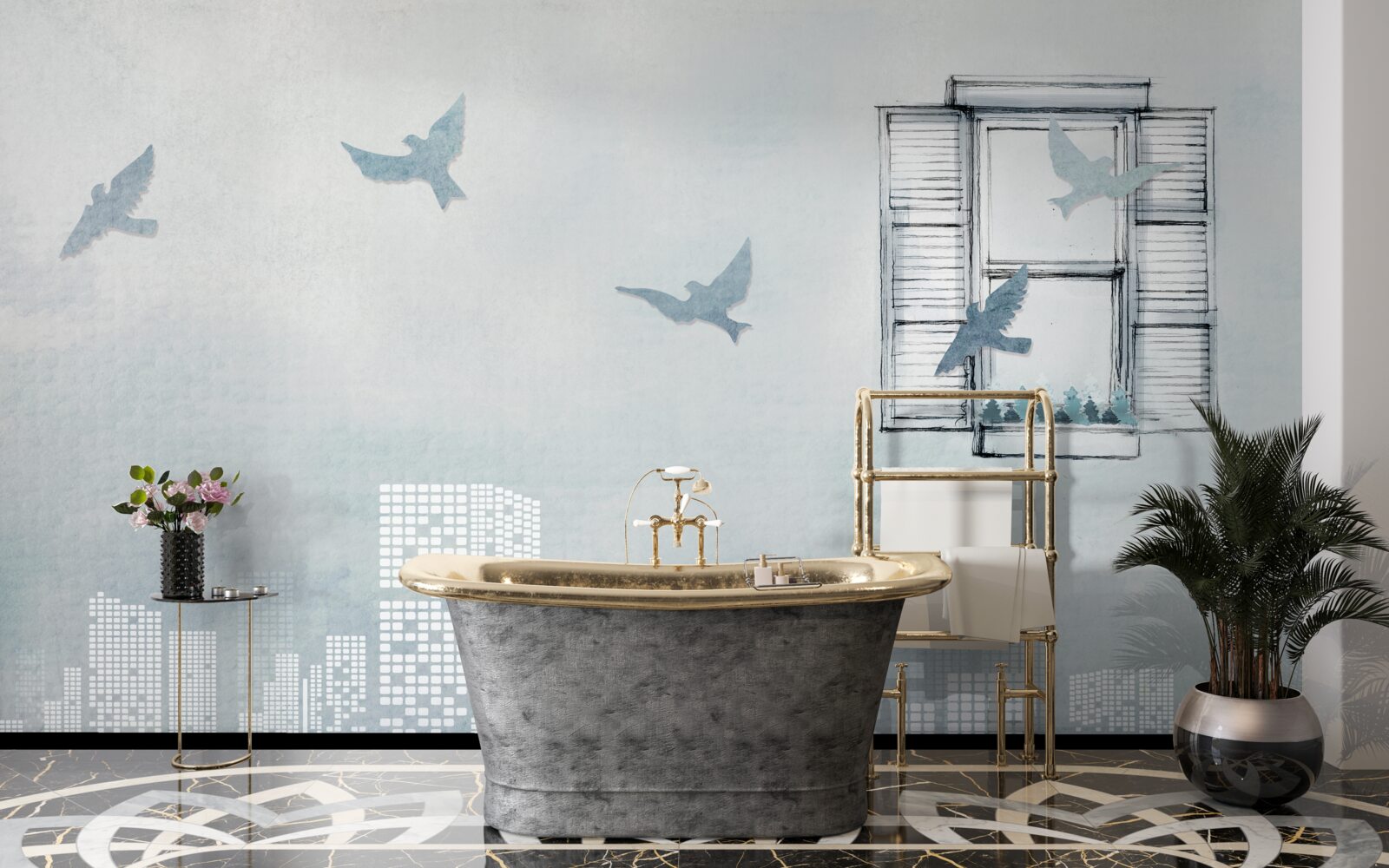 Fotobehang vogels die over een grote stad vliegen