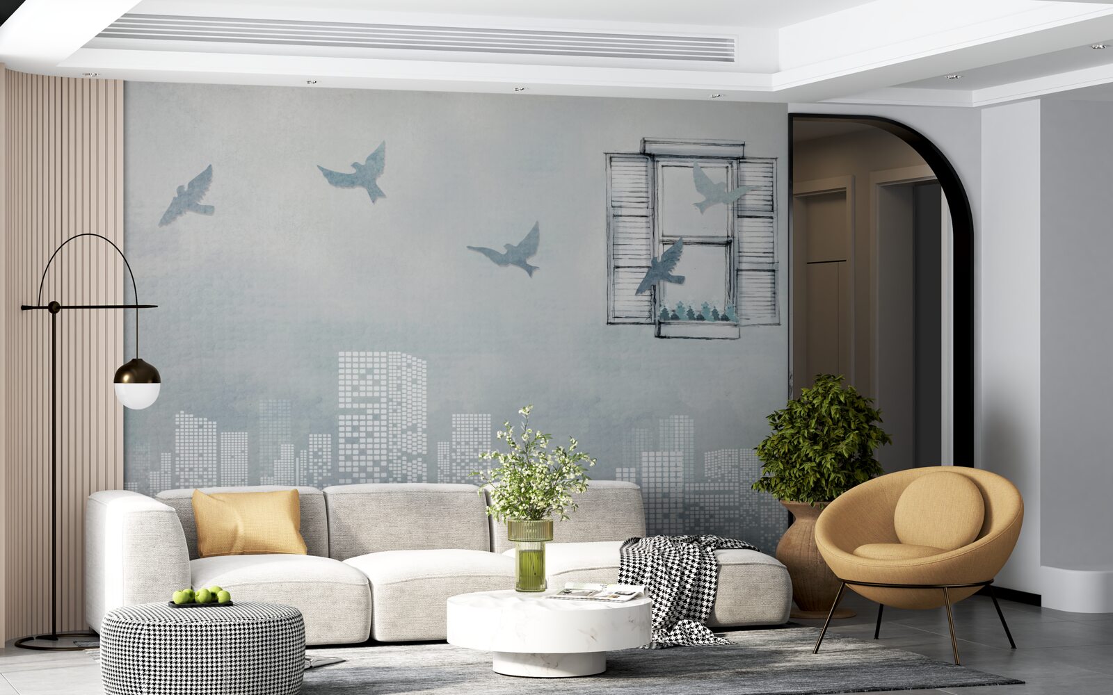 Fotobehang vogels die over een grote stad vliegen