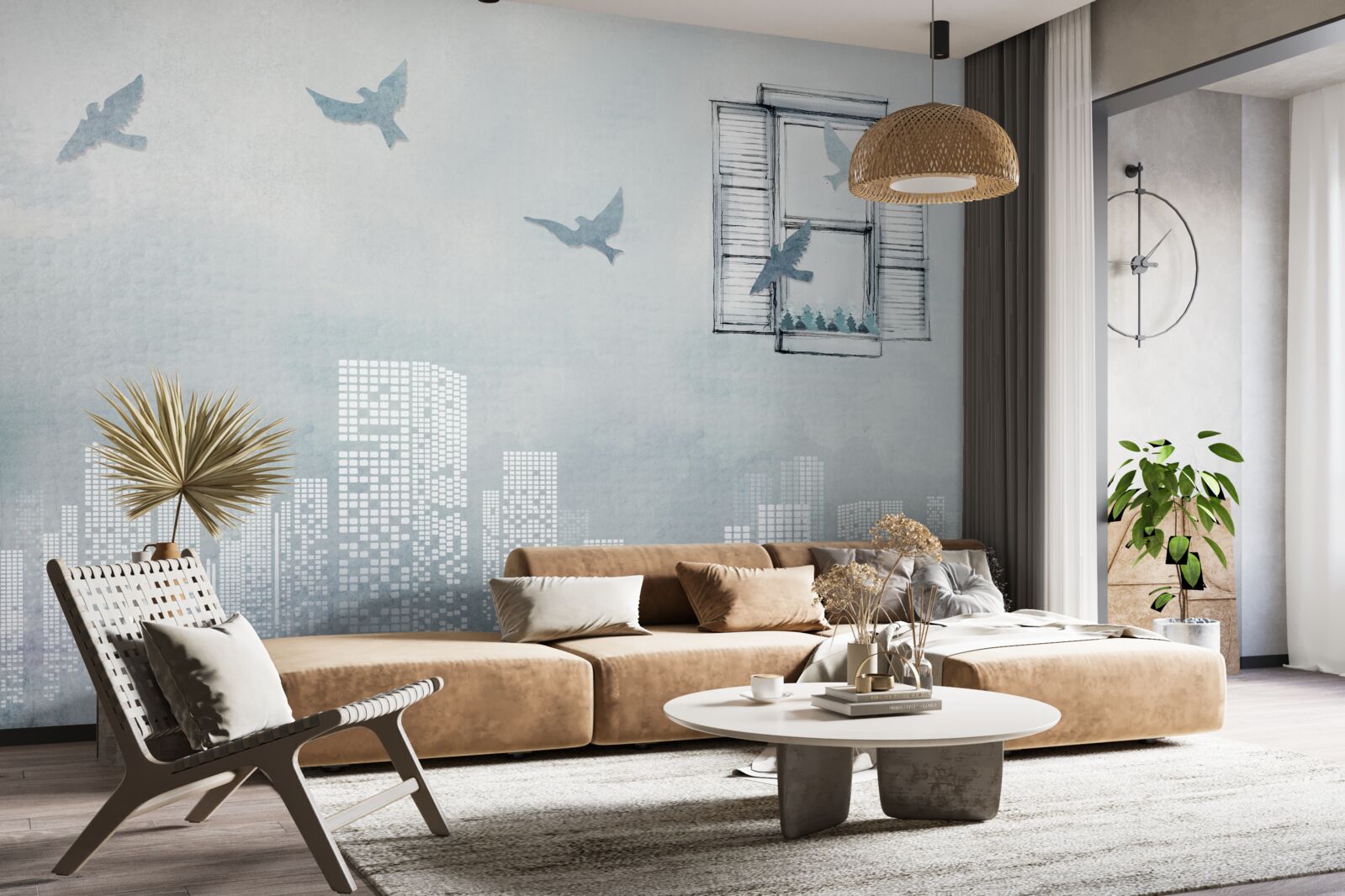 Fotobehang vogels die over een grote stad vliegen