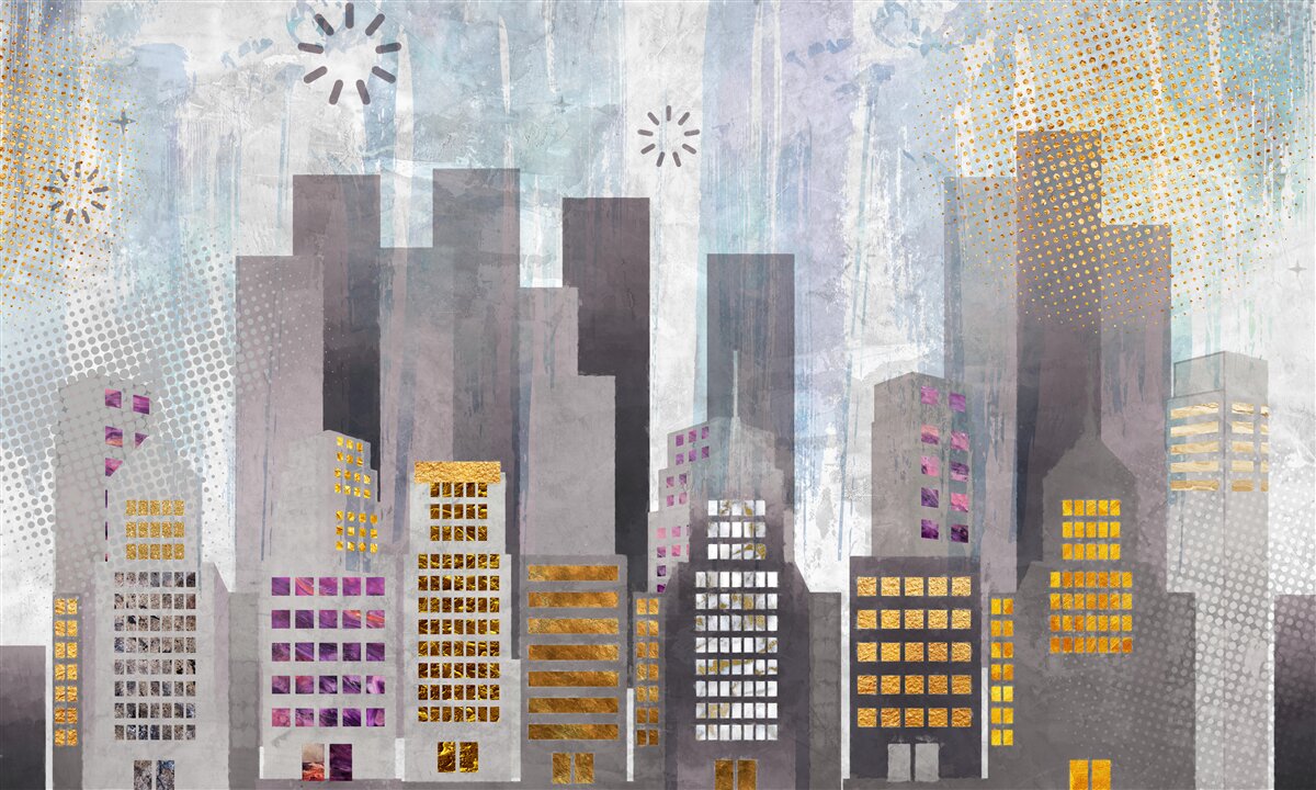 Fotobehang een stad bedekt met grijs, met fonkelende gouden lichtjes