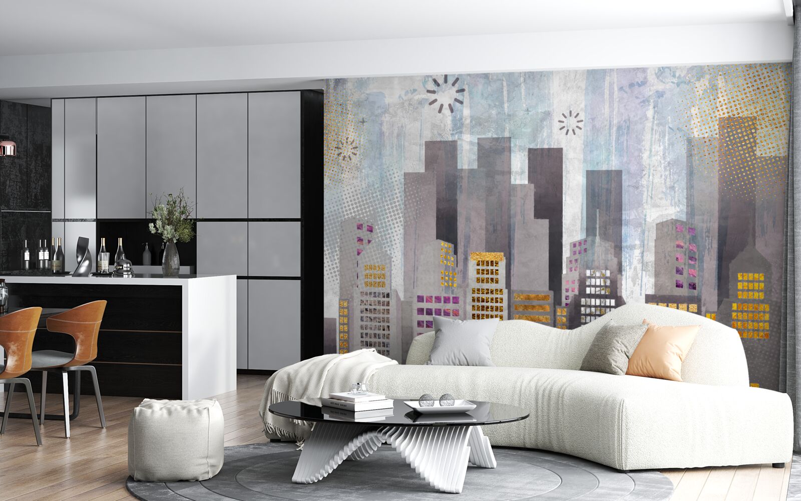 Fotobehang een stad bedekt met grijs, met fonkelende gouden lichtjes