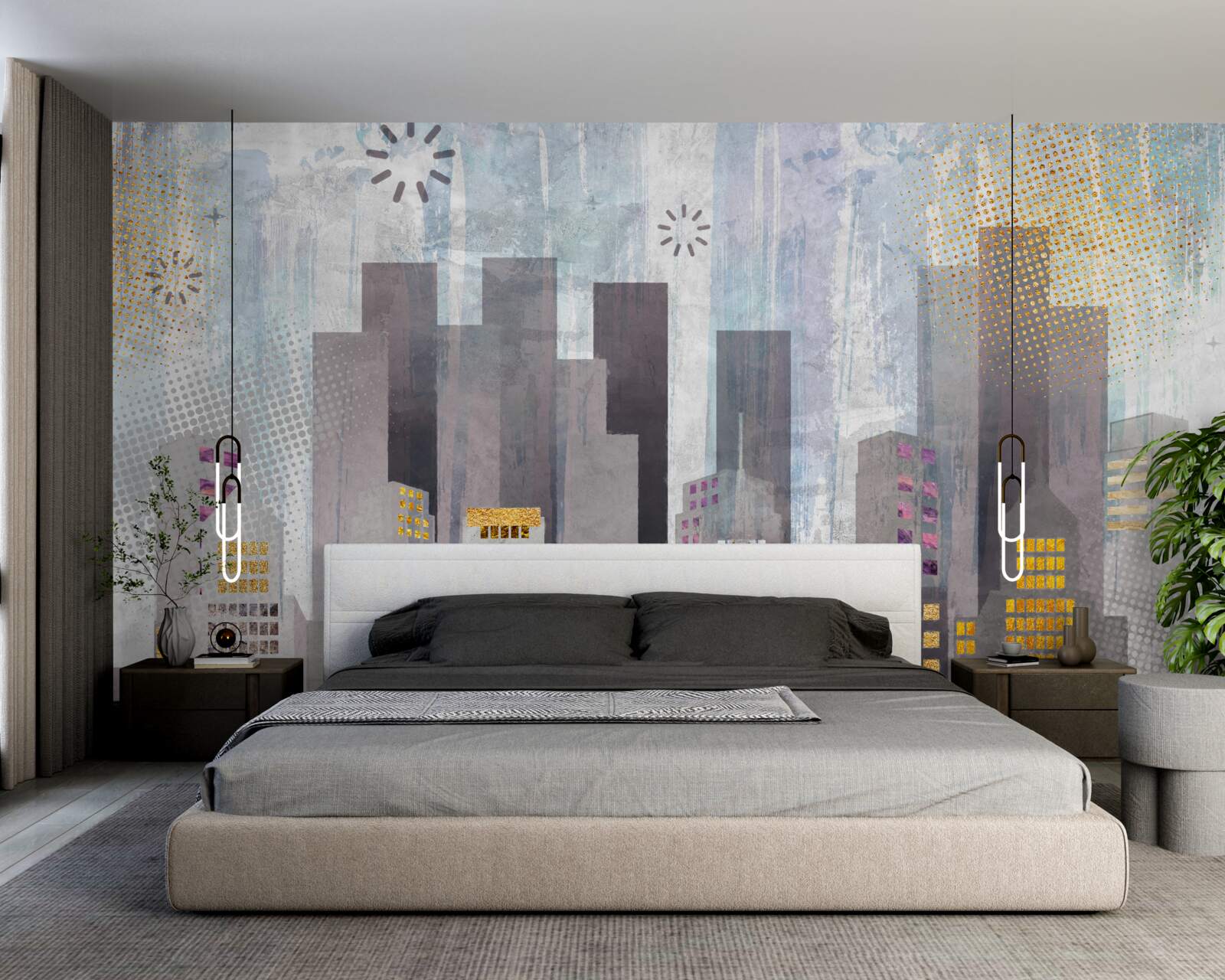 Fotobehang een stad bedekt met grijs, met fonkelende gouden lichtjes
