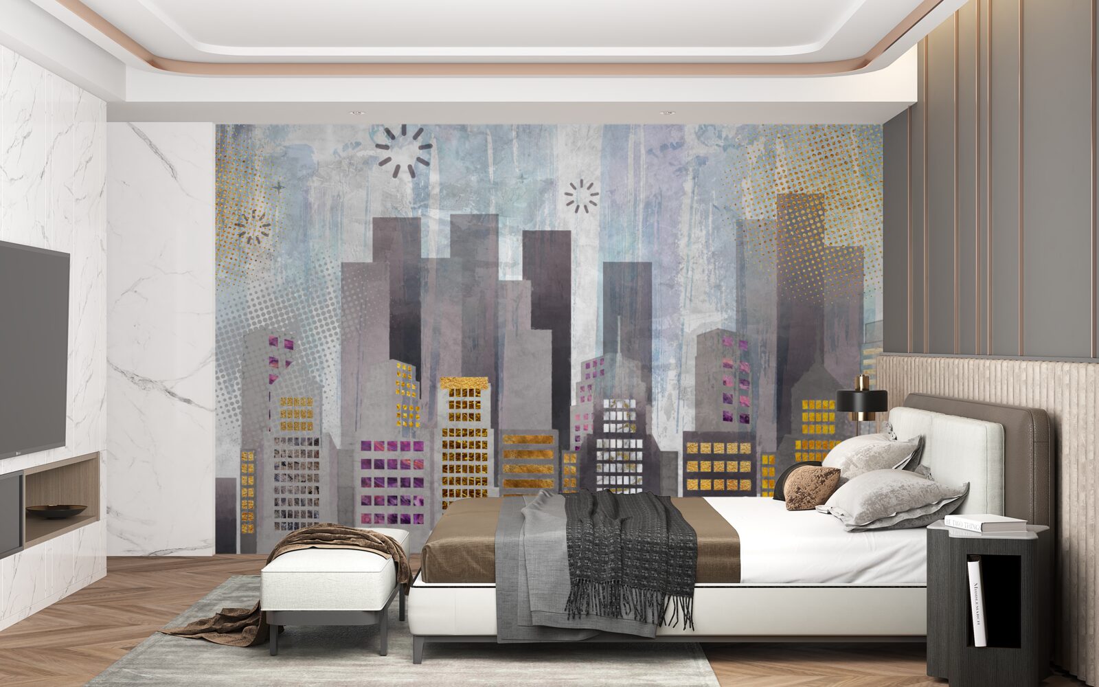 Fotobehang een stad bedekt met grijs, met fonkelende gouden lichtjes