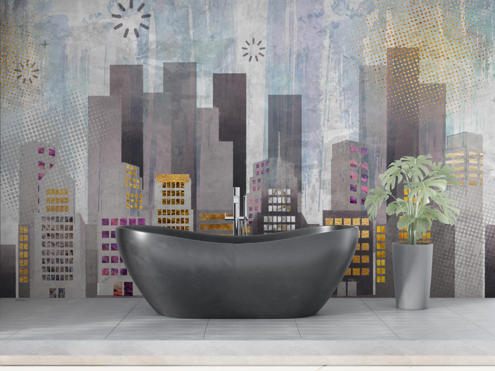 Fotobehang een stad bedekt met grijs, met fonkelende gouden lichtjes