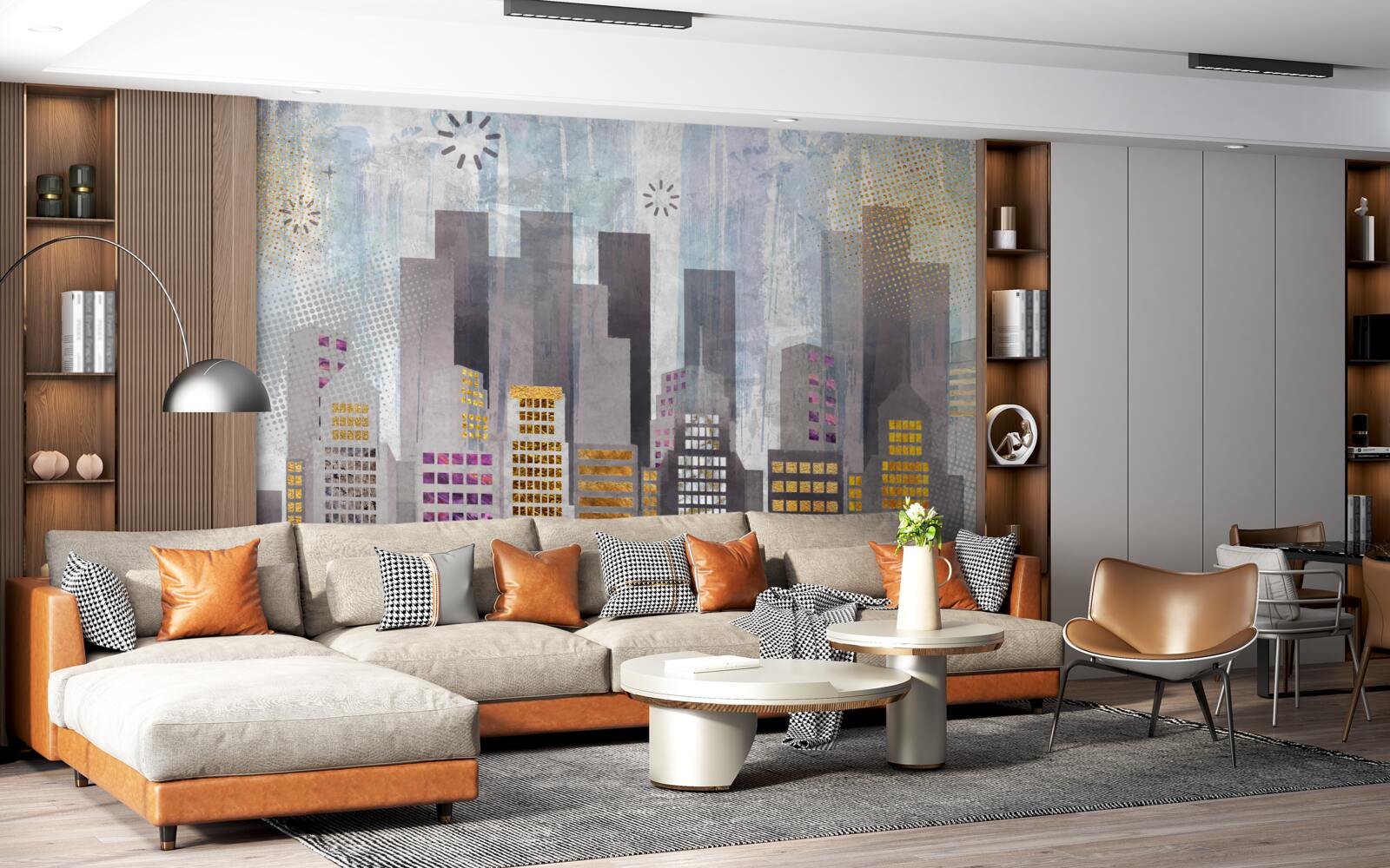 Fotobehang een stad bedekt met grijs, met fonkelende gouden lichtjes