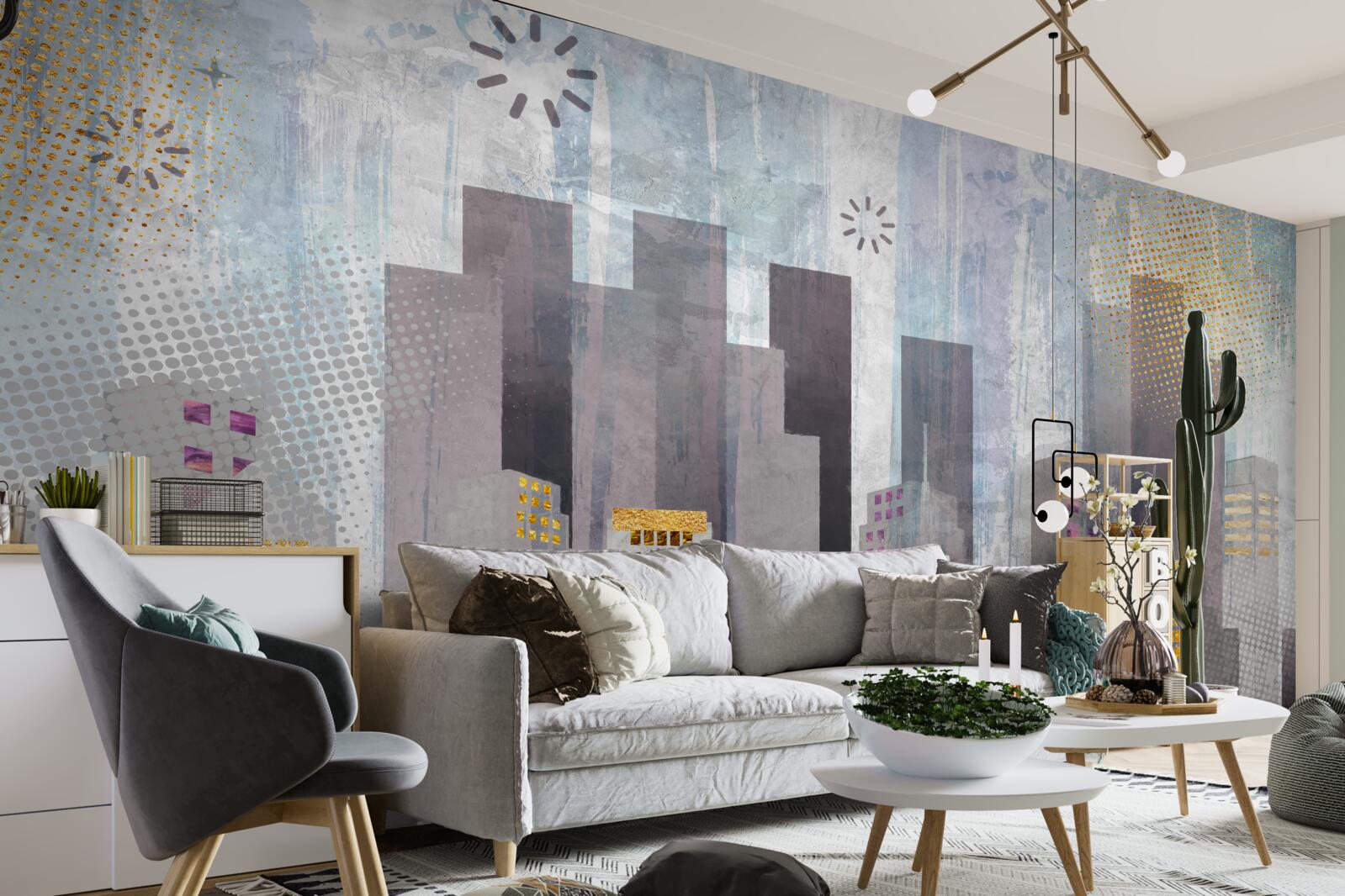 Fotobehang een stad bedekt met grijs, met fonkelende gouden lichtjes