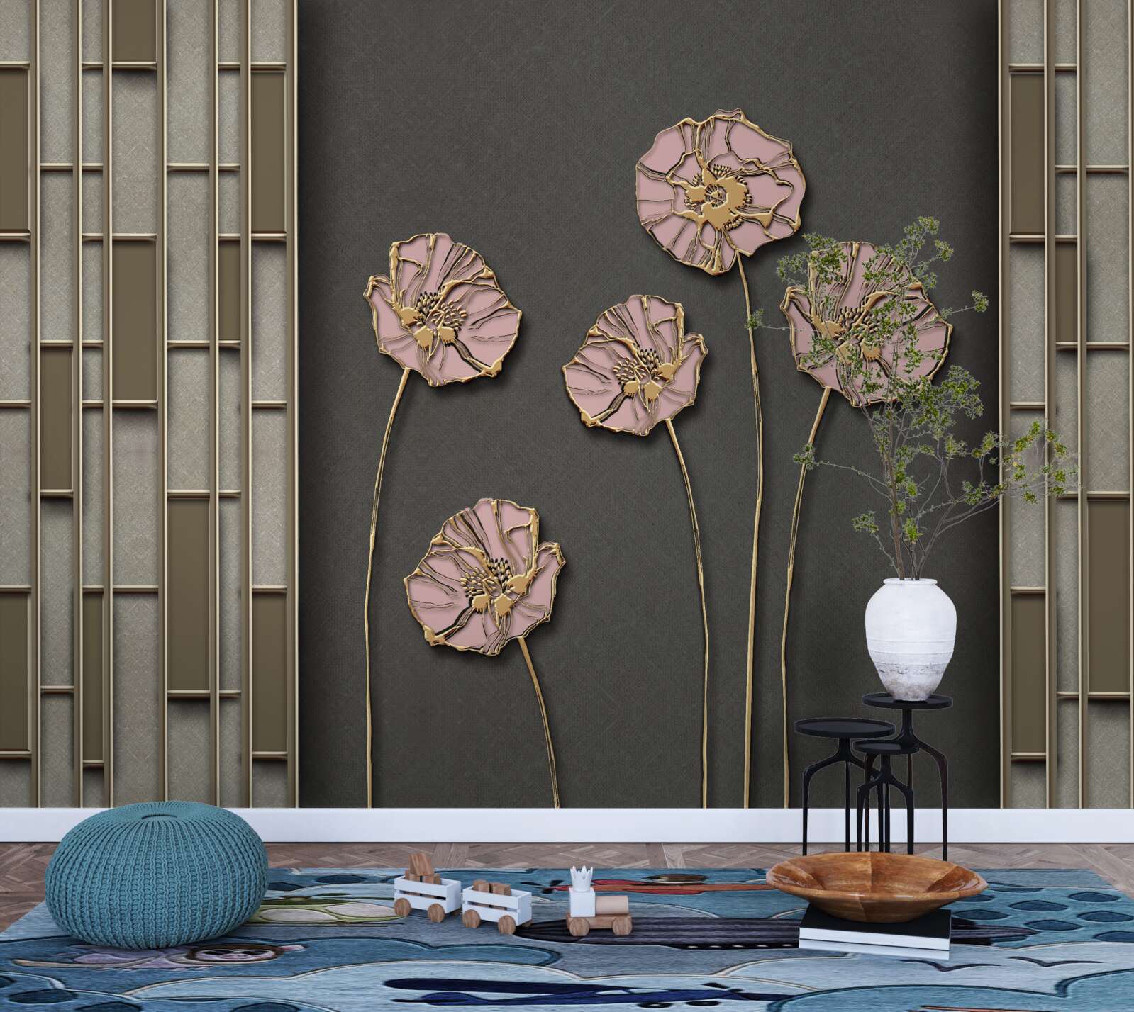 Fotobehang elegante klaprozen op een zilveren achtergrond