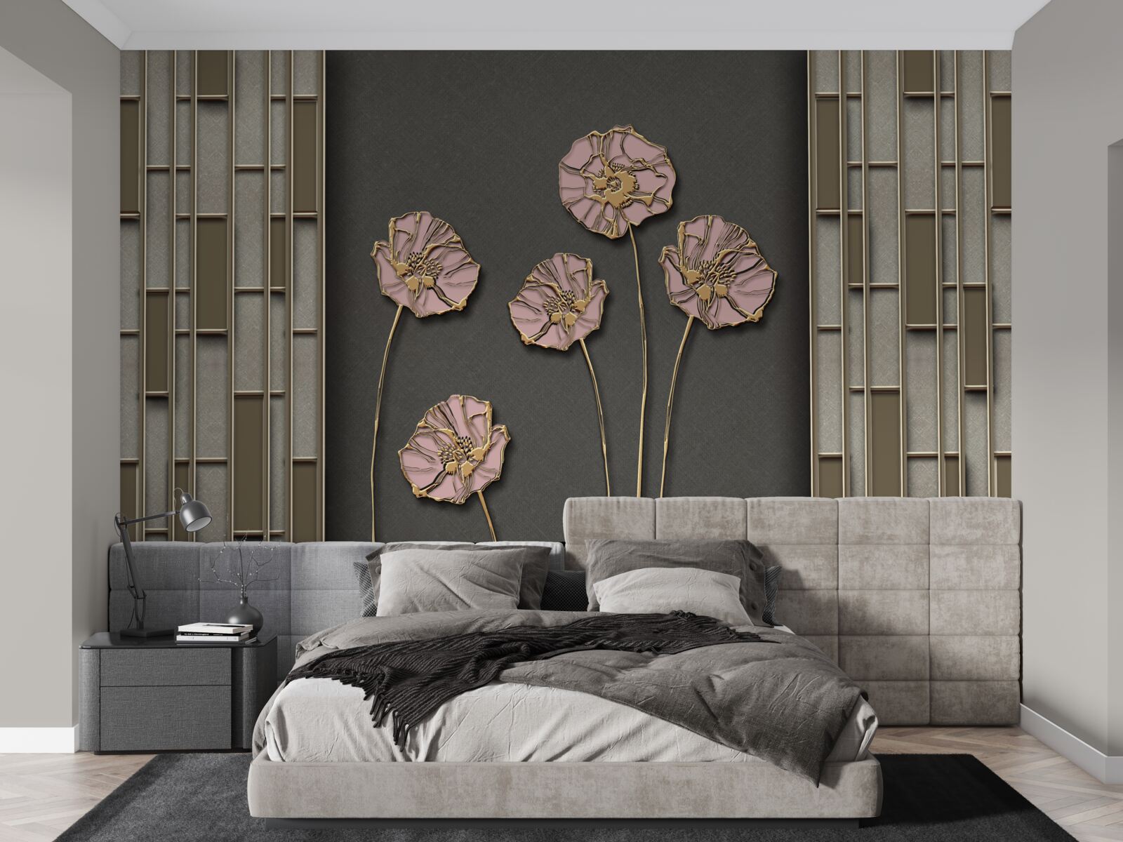 Fotobehang elegante klaprozen op een zilveren achtergrond