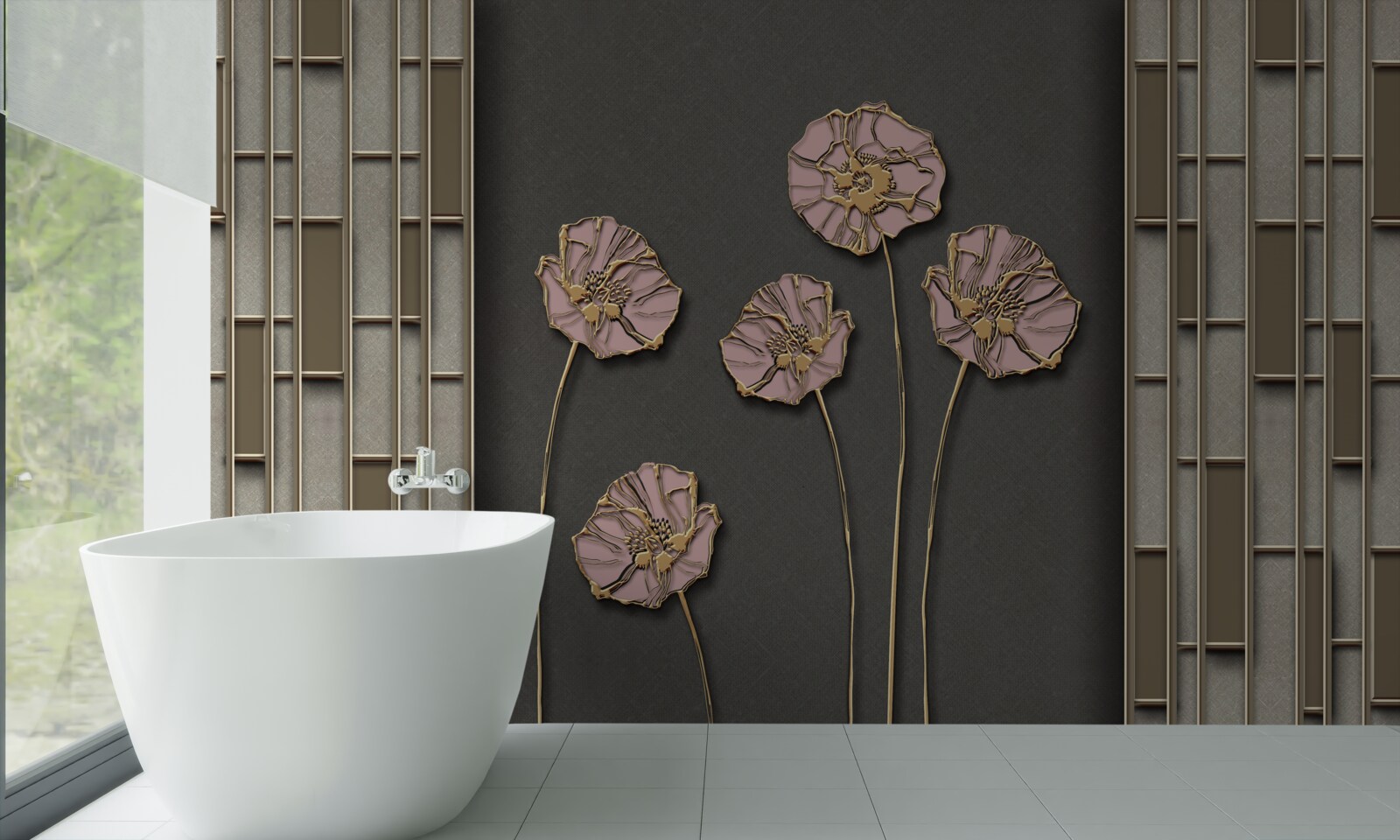 Fotobehang elegante klaprozen op een zilveren achtergrond