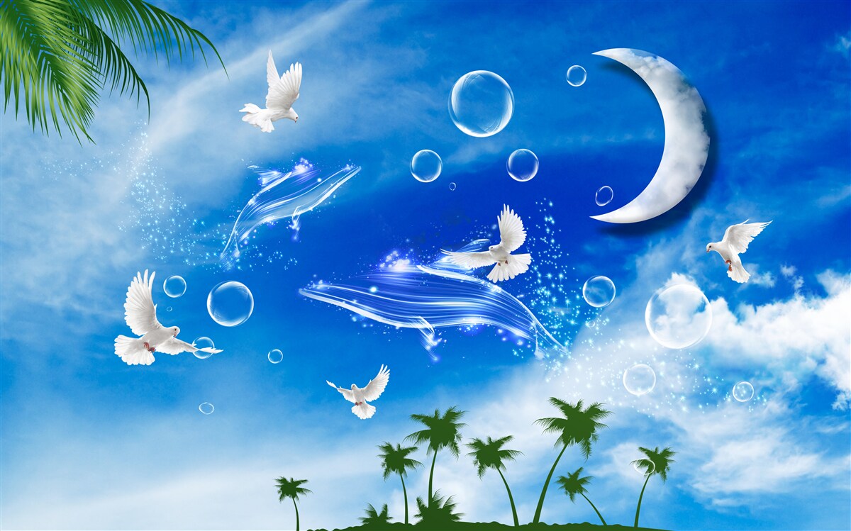 Fotobehang maan aan de hemel overdag en duiven