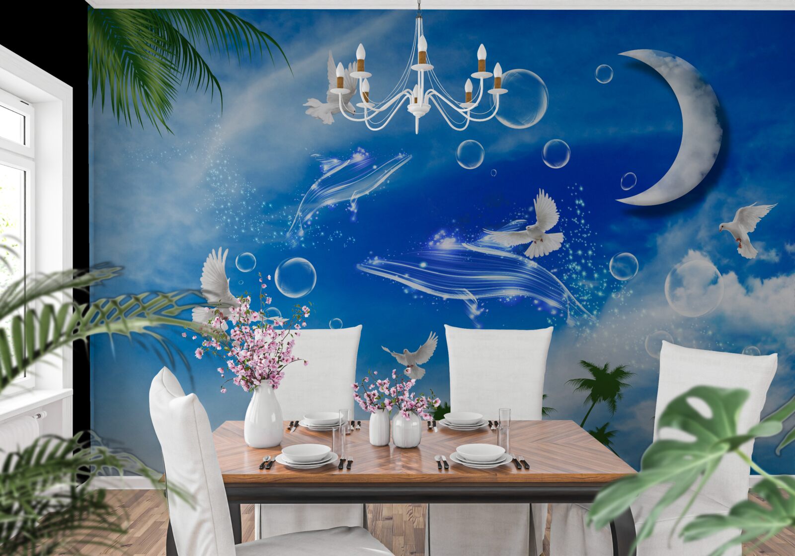 Fotobehang maan aan de hemel overdag en duiven