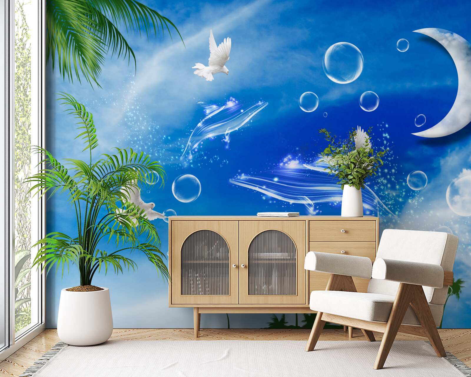 Fotobehang maan aan de hemel overdag en duiven