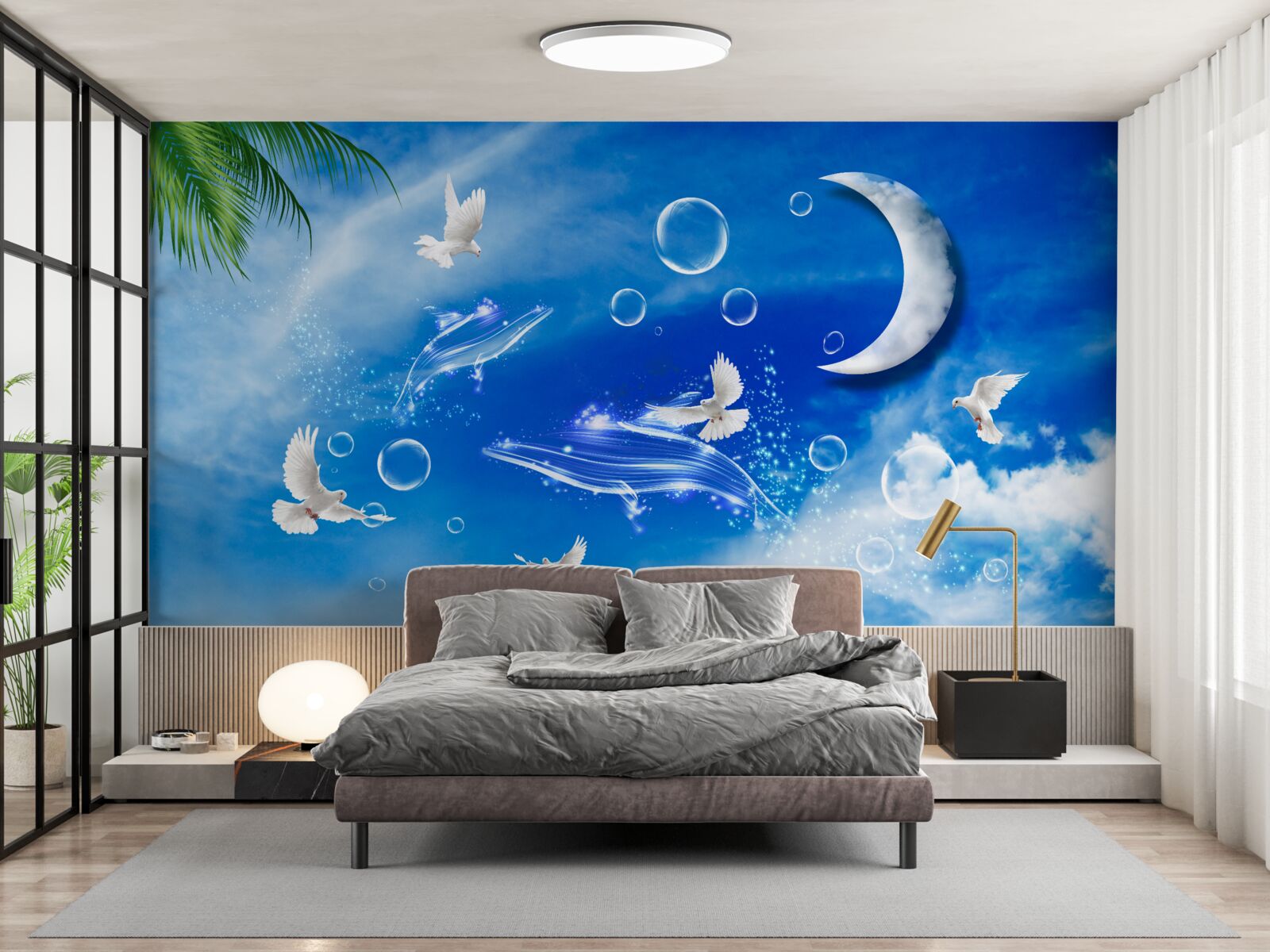 Fotobehang maan aan de hemel overdag en duiven