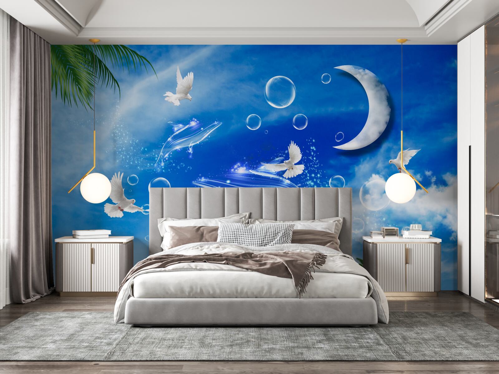 Fotobehang maan aan de hemel overdag en duiven