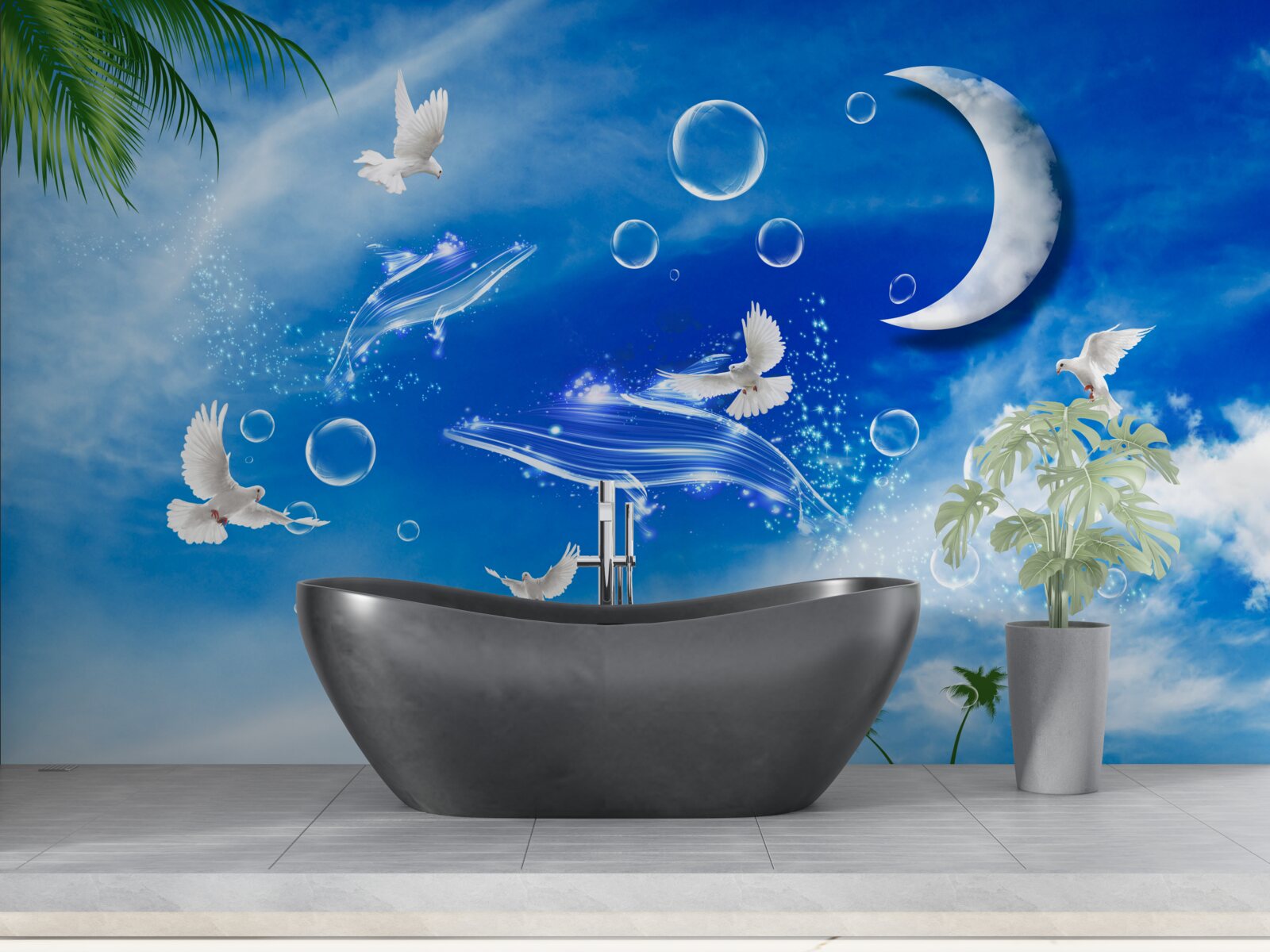 Fotobehang maan aan de hemel overdag en duiven