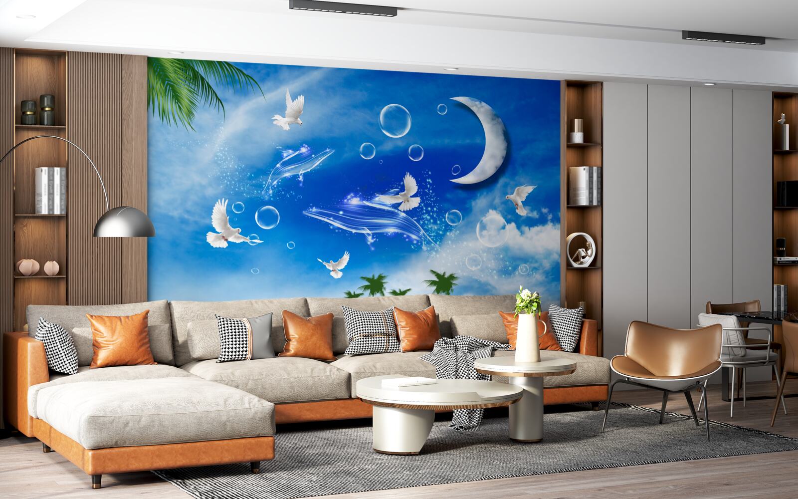 Fotobehang maan aan de hemel overdag en duiven