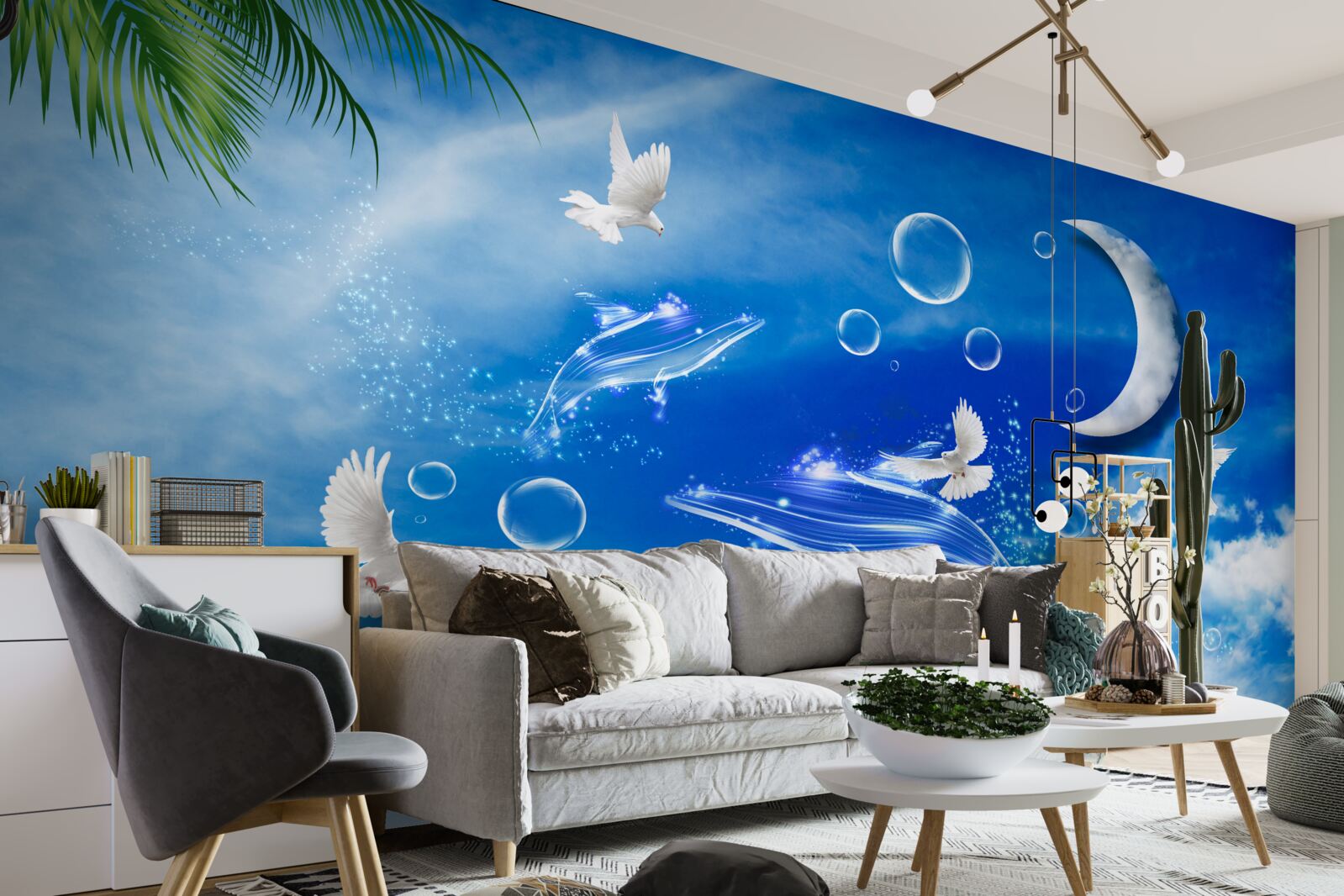 Fotobehang maan aan de hemel overdag en duiven