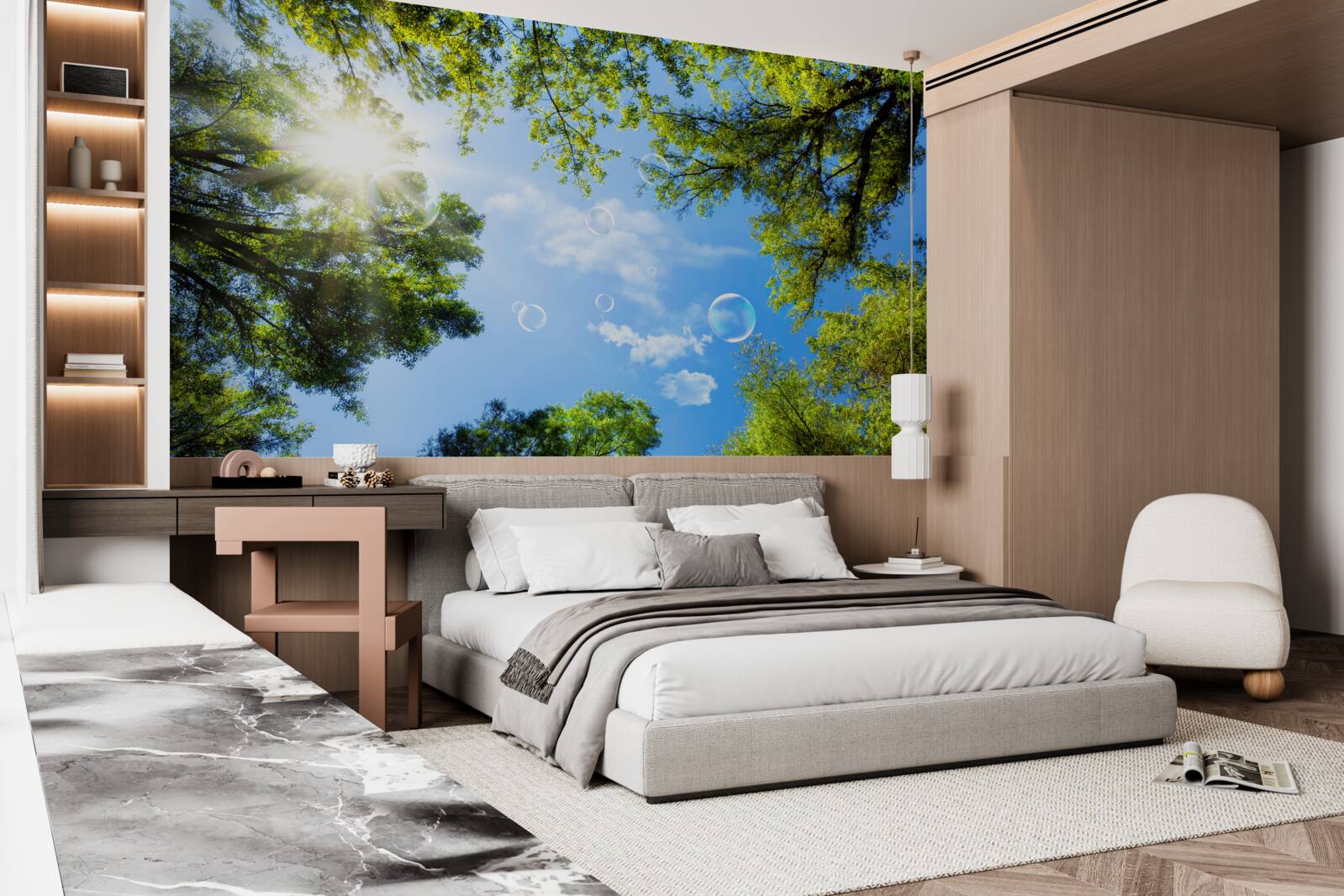 Fotobehang het groene bos wordt verlicht door de felle zonnestralen