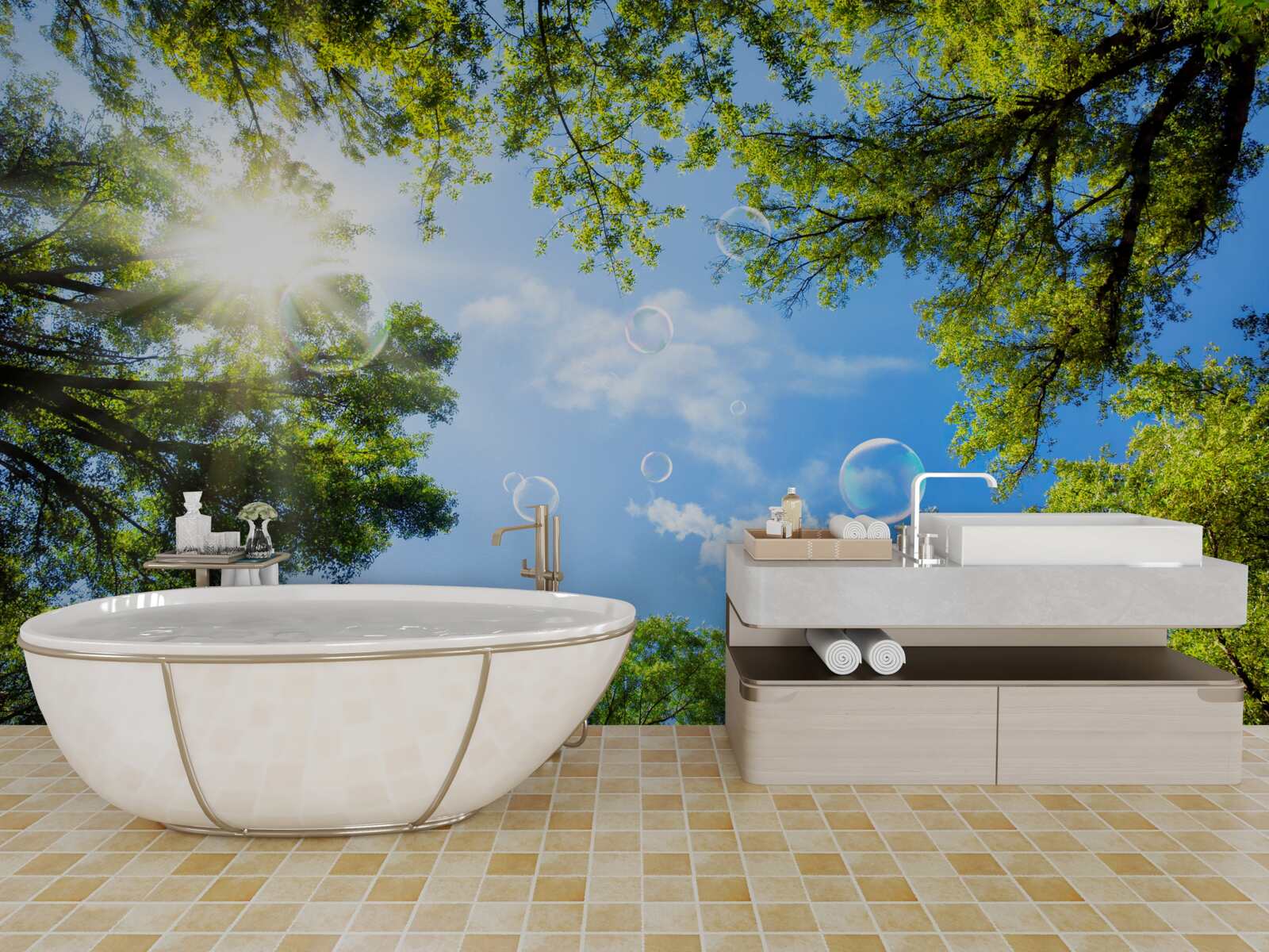 Fotobehang het groene bos wordt verlicht door de felle zonnestralen