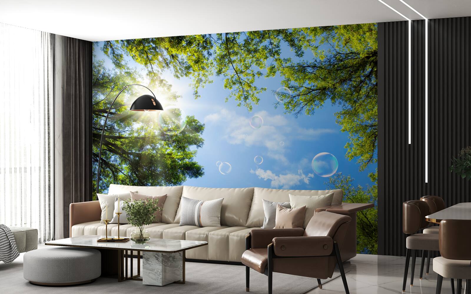 Fotobehang het groene bos wordt verlicht door de felle zonnestralen