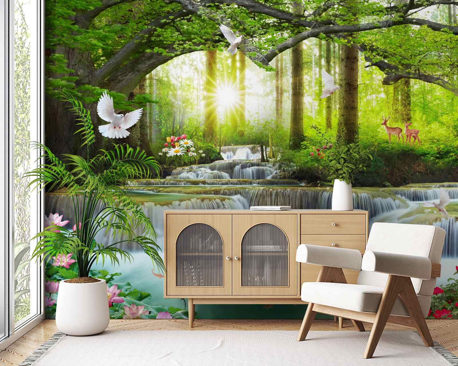 Fotobehang Leven en natuur bij een wilde waterval in het bos