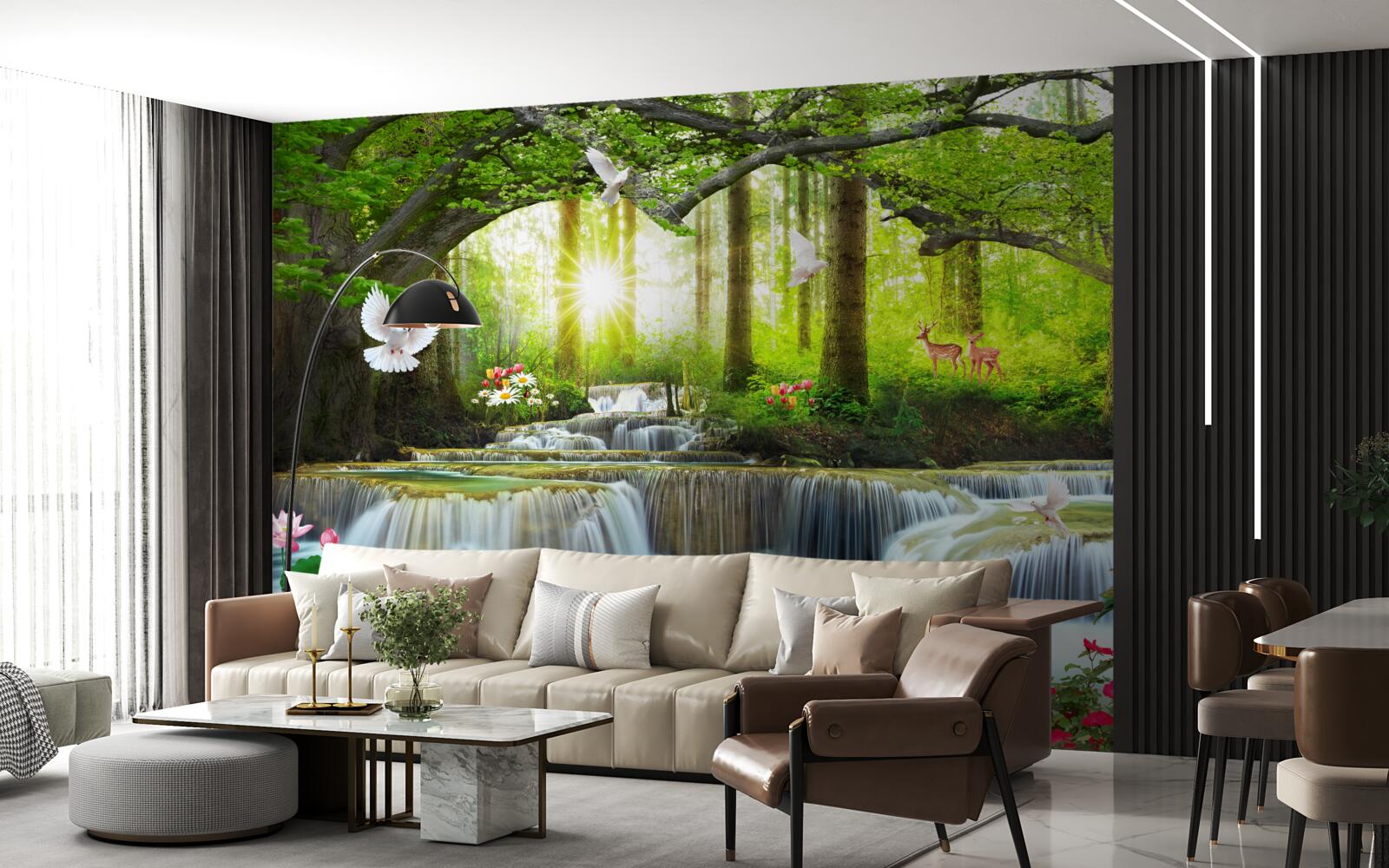 Fotobehang Leven en natuur bij een wilde waterval in het bos