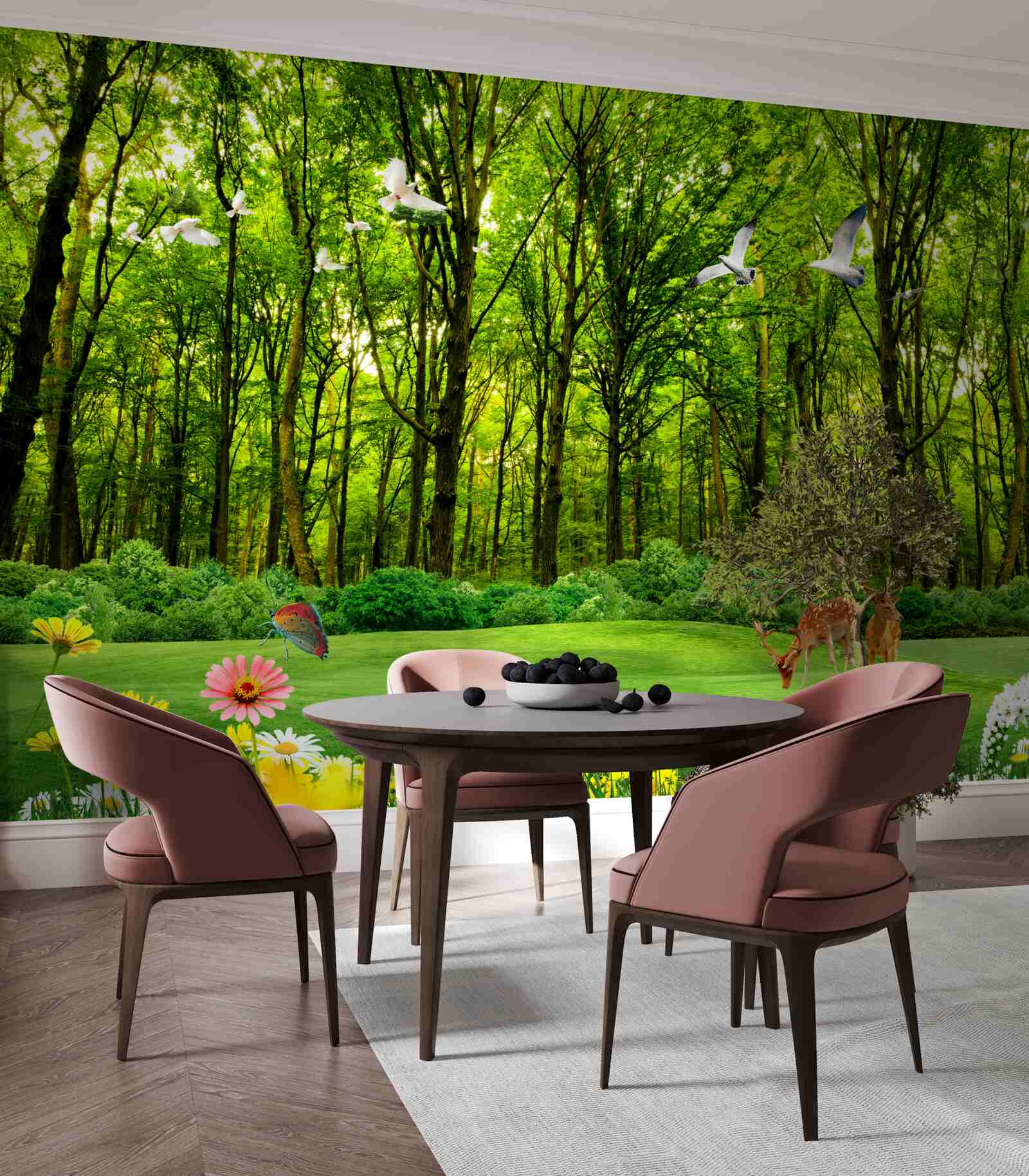 Fotobehang in het groene bos lopen de herten in de wei