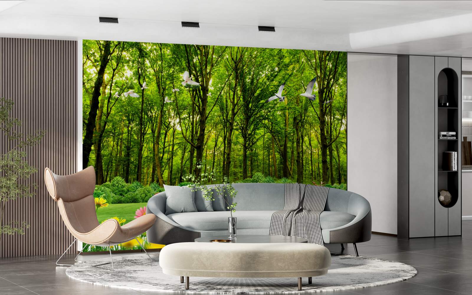 Fotobehang in het groene bos lopen de herten in de wei