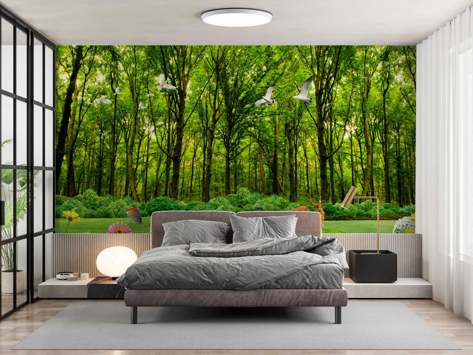 Fotobehang in het groene bos lopen de herten in de wei