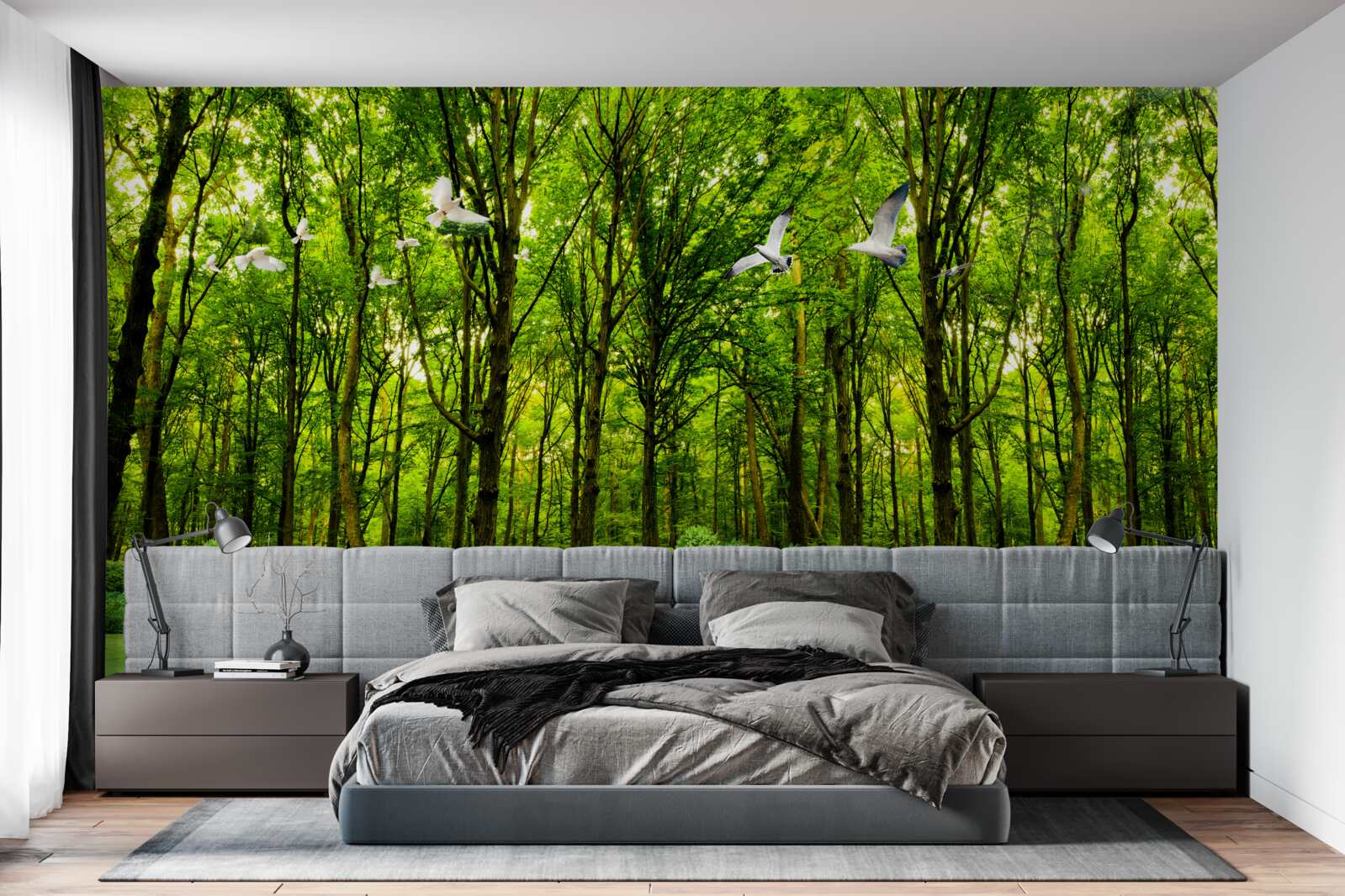 Fotobehang in het groene bos lopen de herten in de wei