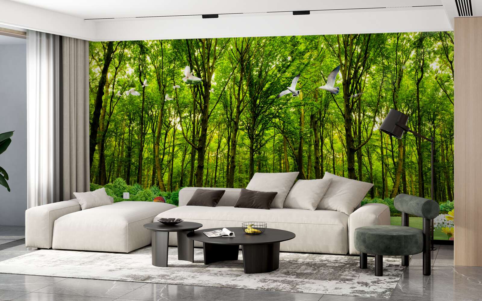 Fotobehang in het groene bos lopen de herten in de wei