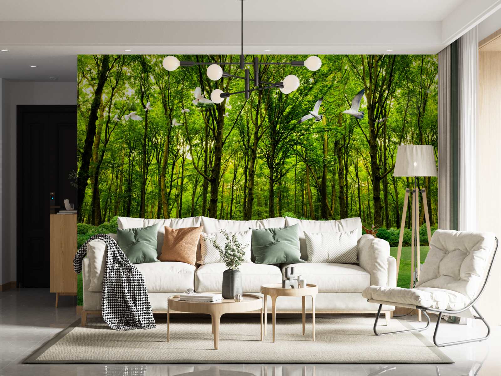 Fotobehang in het groene bos lopen de herten in de wei