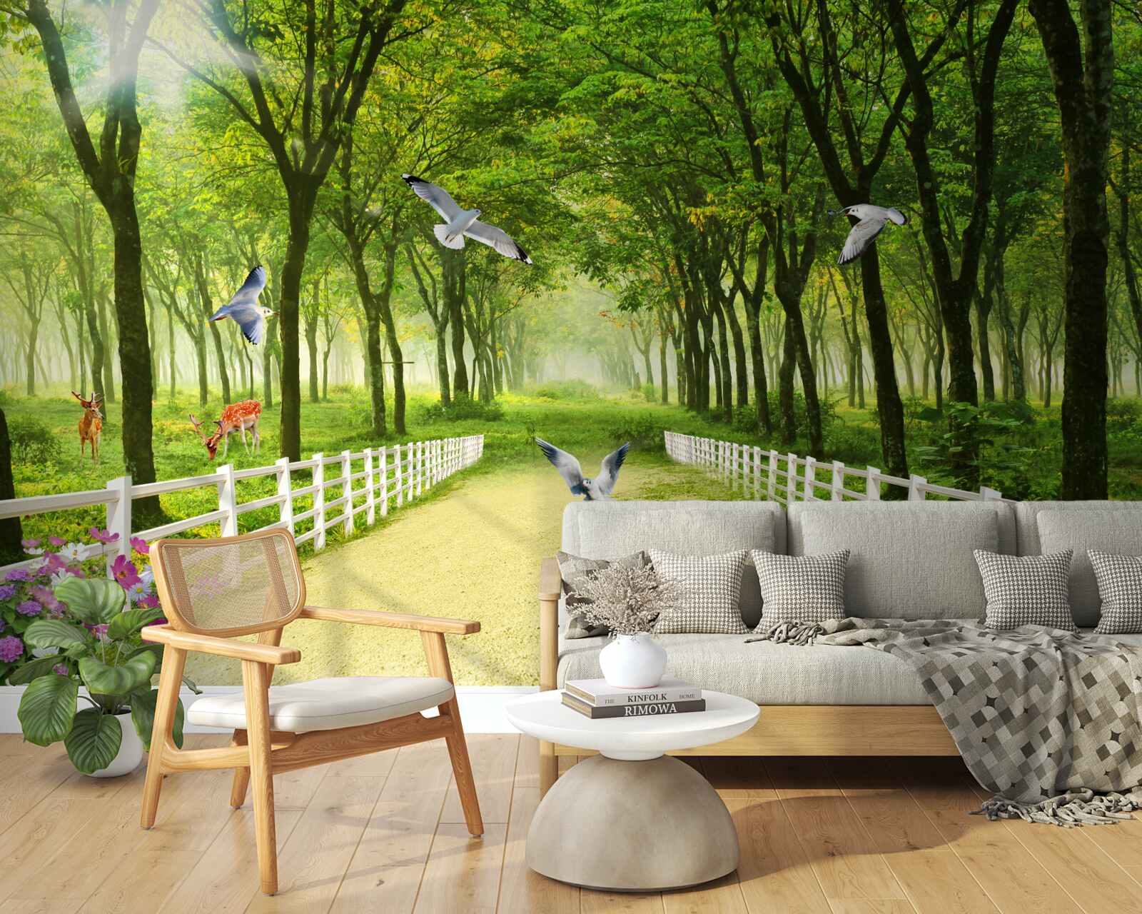 Fotobehang in het bos verwelkomen duiven de warme zonnestralen