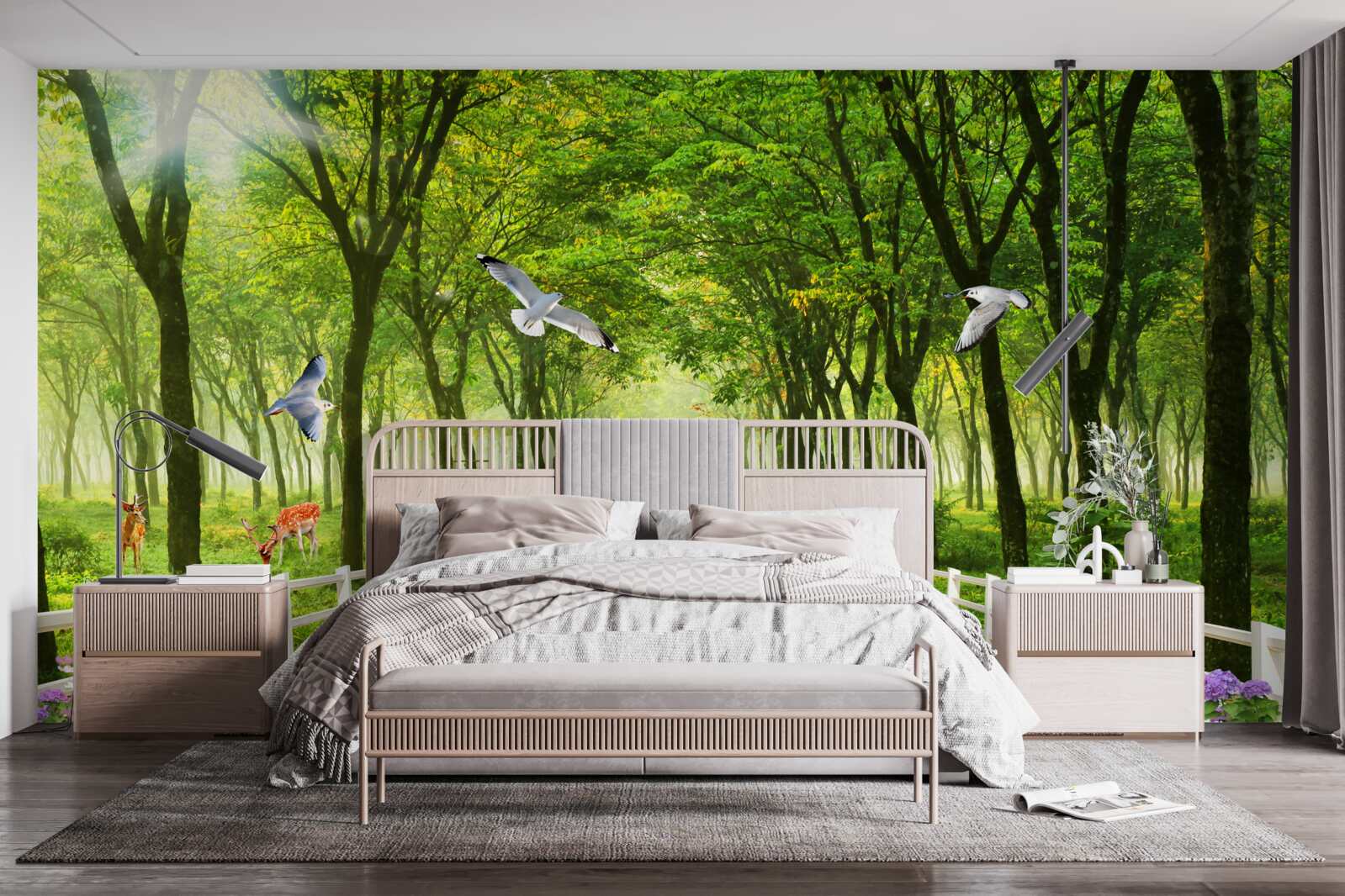 Fotobehang in het bos verwelkomen duiven de warme zonnestralen