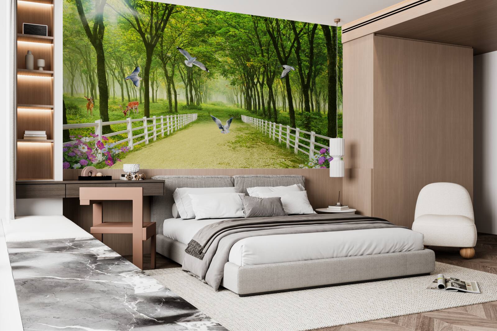 Fotobehang in het bos verwelkomen duiven de warme zonnestralen