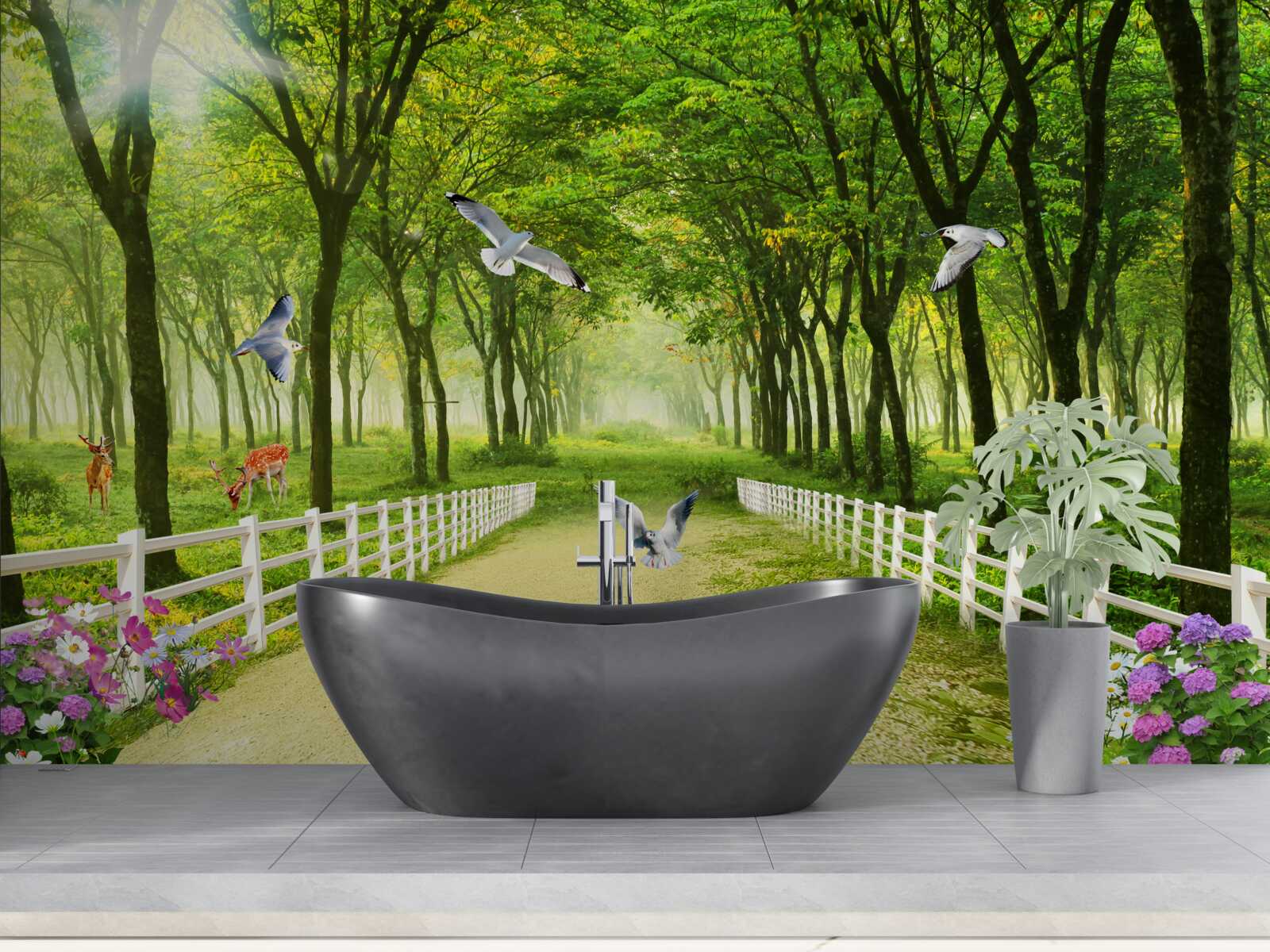 Fotobehang in het bos verwelkomen duiven de warme zonnestralen