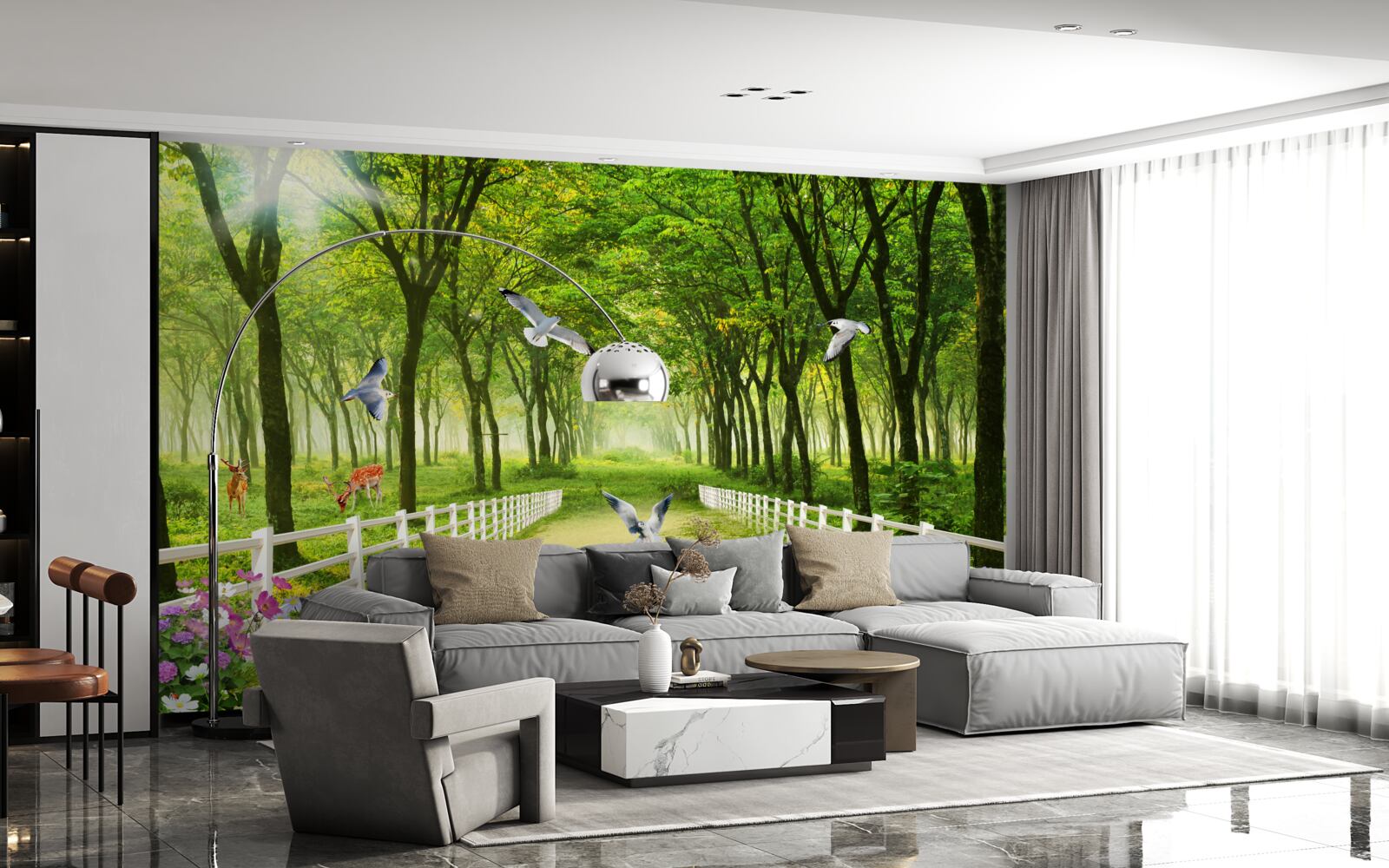 Fotobehang in het bos verwelkomen duiven de warme zonnestralen