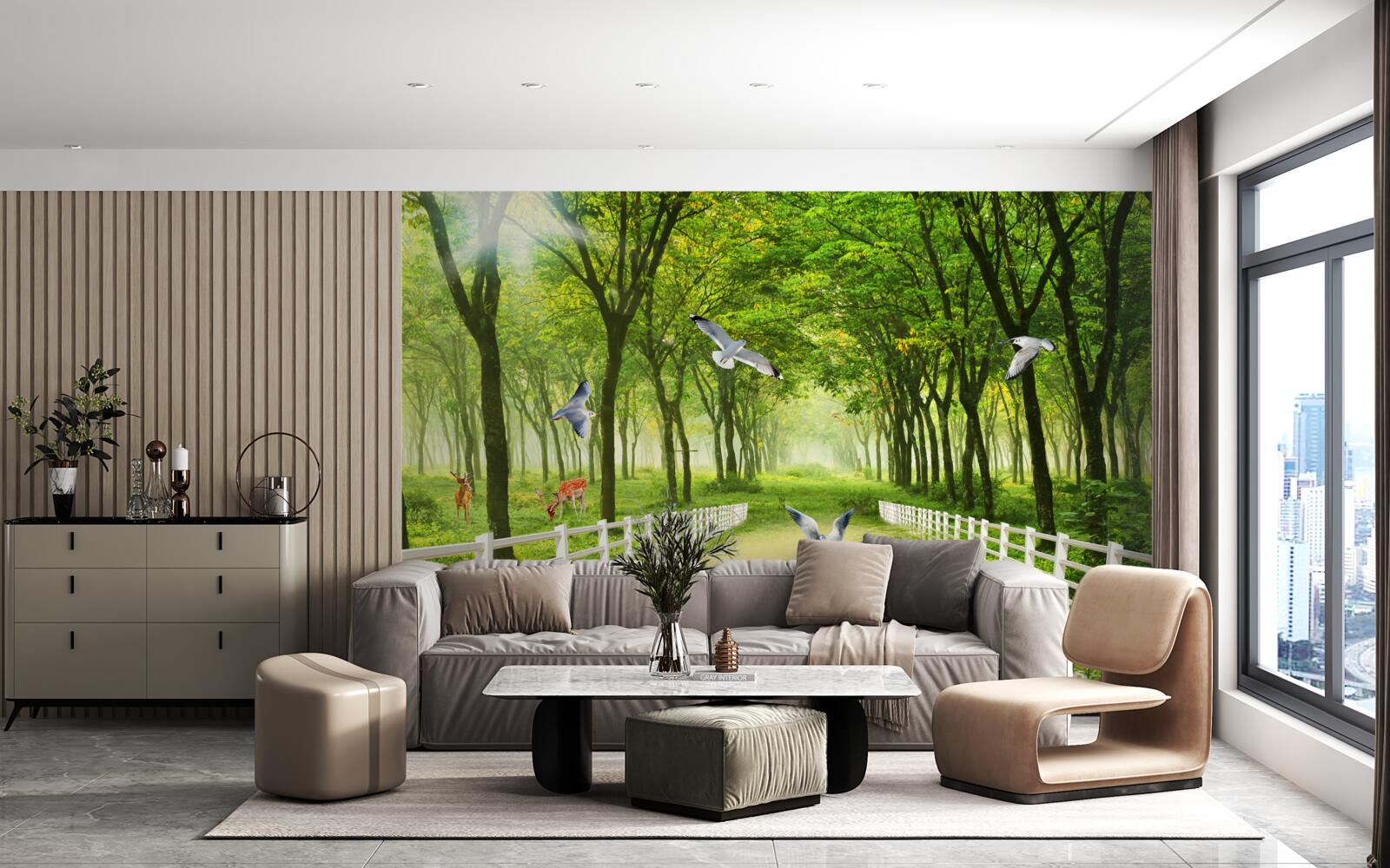 Fotobehang in het bos verwelkomen duiven de warme zonnestralen