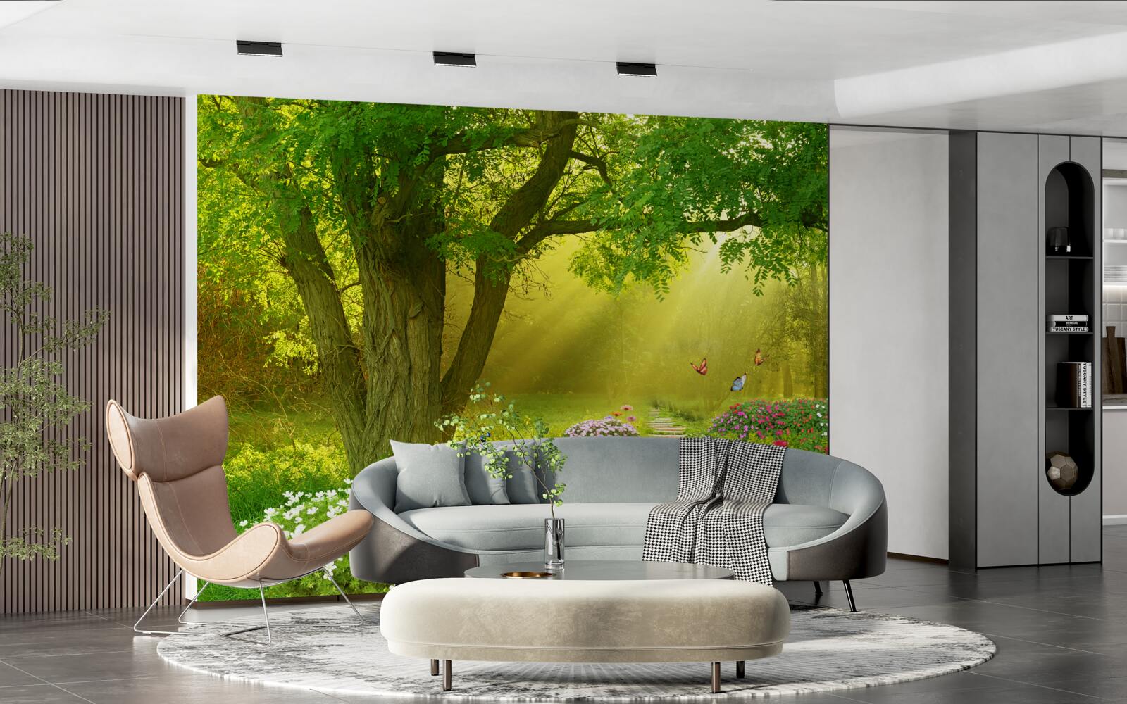 Fotobehang de zonnestralen verwarmen een bos gehuld in nachtelijke mist