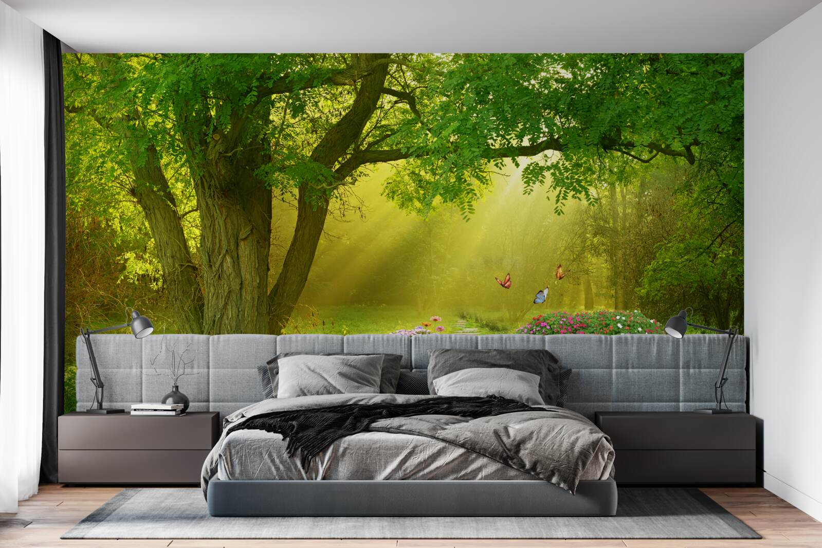 Fotobehang de zonnestralen verwarmen een bos gehuld in nachtelijke mist