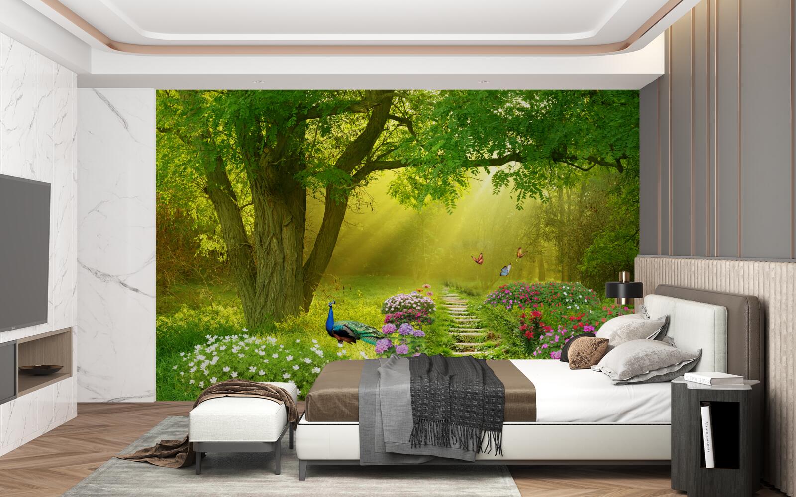 Fotobehang de zonnestralen verwarmen een bos gehuld in nachtelijke mist