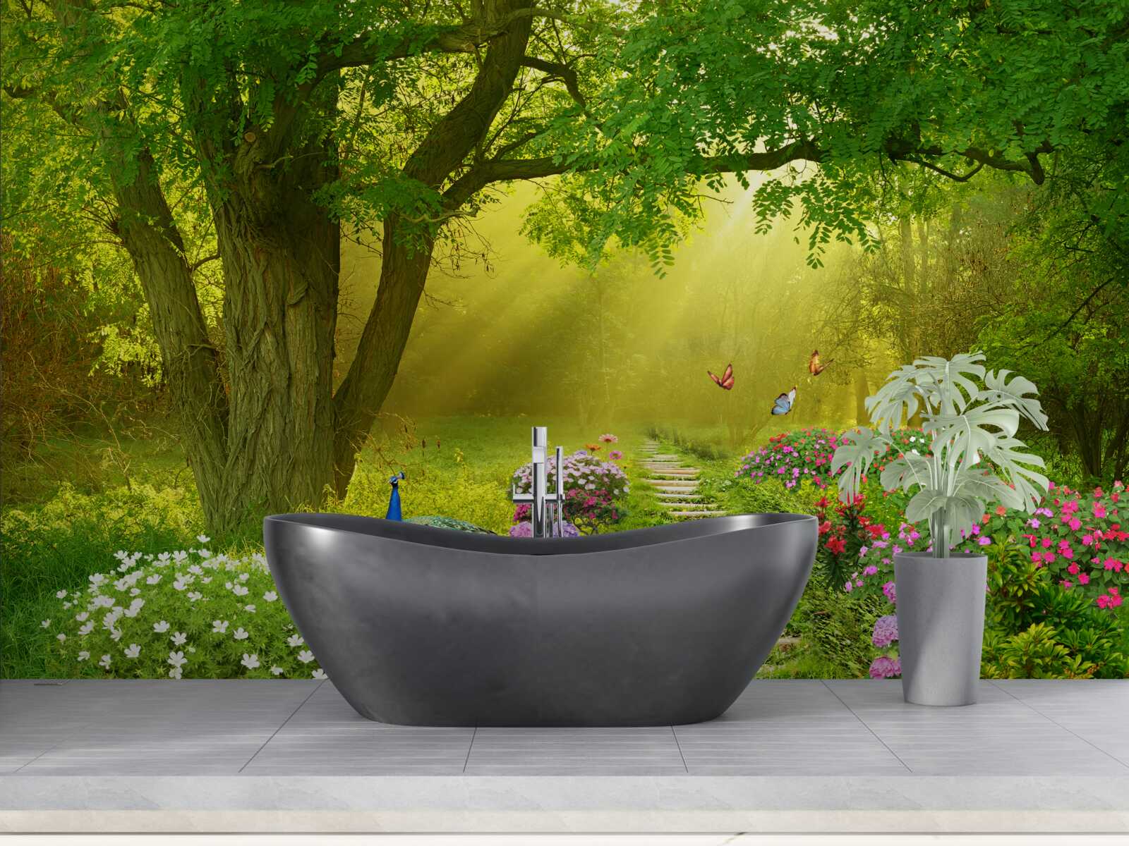 Fotobehang de zonnestralen verwarmen een bos gehuld in nachtelijke mist