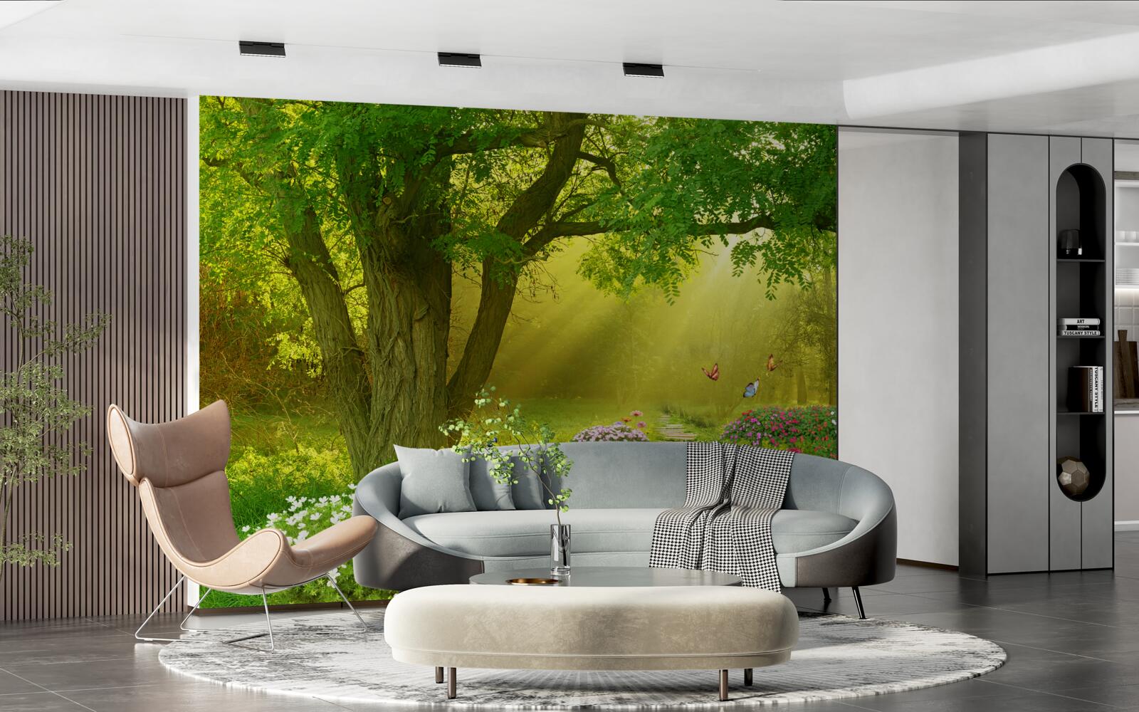 Fotobehang de zonnestralen verwarmen een bos gehuld in nachtelijke mist