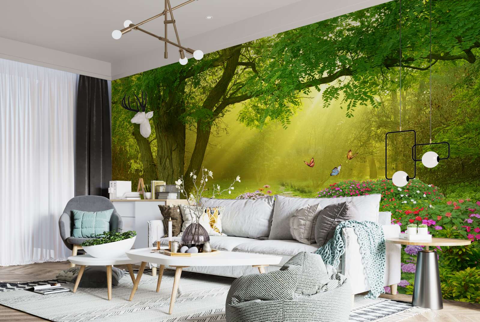 Fotobehang de zonnestralen verwarmen een bos gehuld in nachtelijke mist