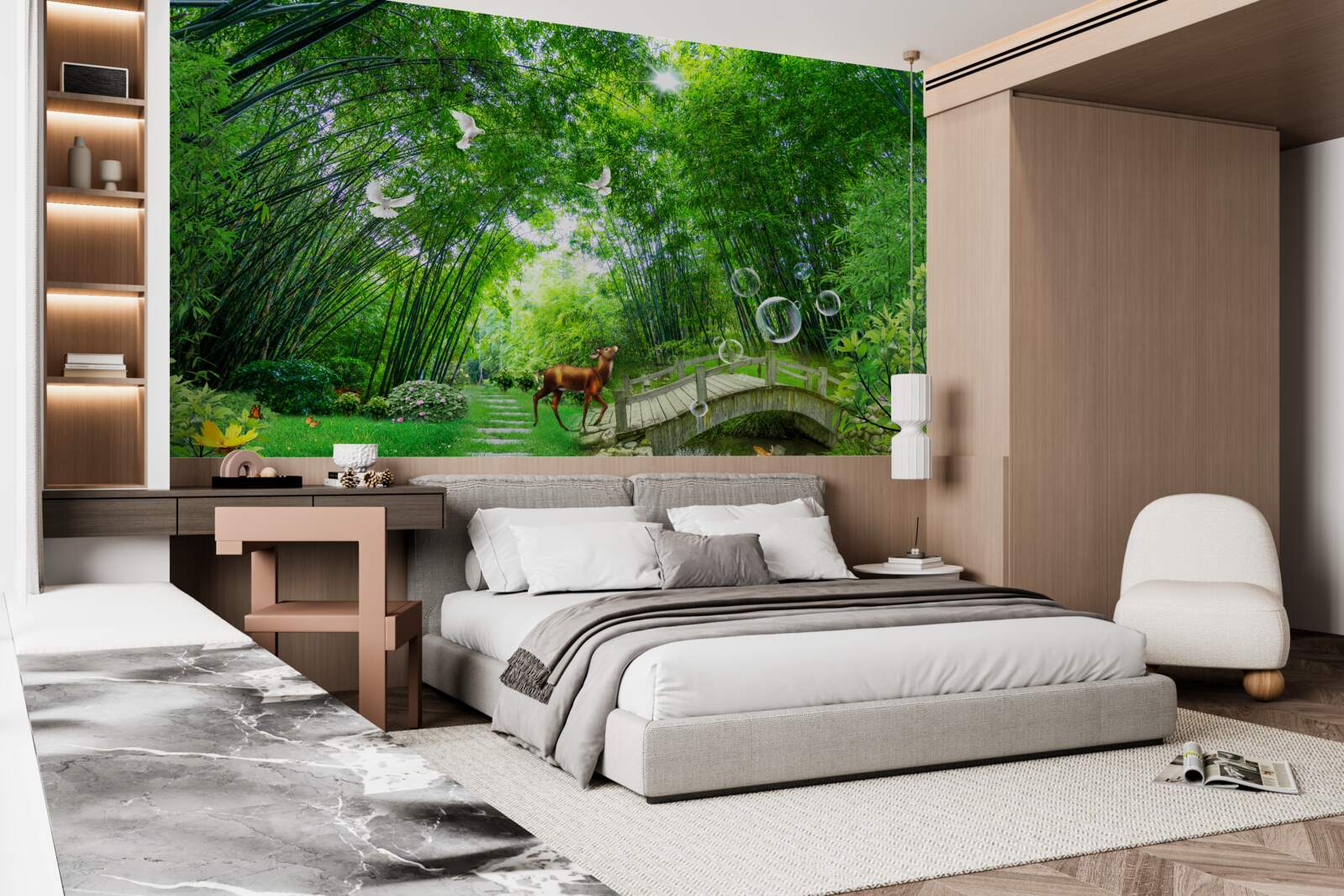 Fotobehang in een groen struikgewas loopt een hert door een houten doorgang